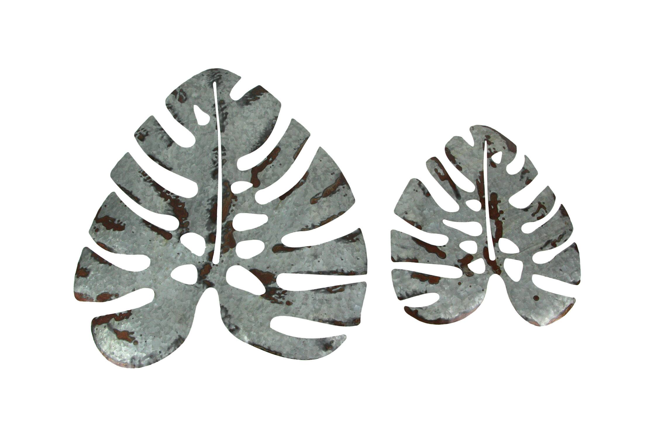 Front. Zeckos - Set of 2 Galvanized Zinc Finish Metal Monstera Leaf Sculptures Wall Hangings - Grey.