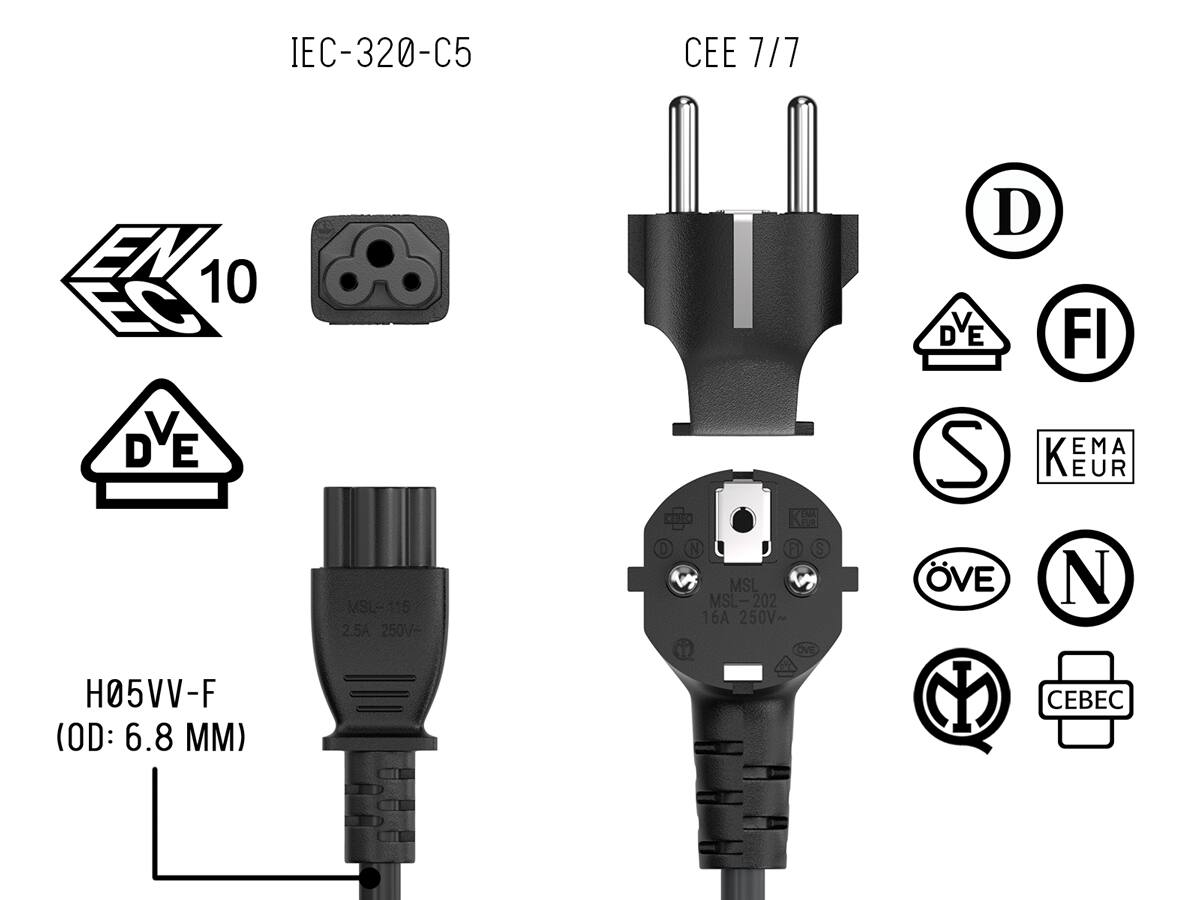 IEC-320-C5  
CEE 7/7  
10 DVE V D E  
MSL-115 2.5A 250V-  
K EUR N F1 S MSL MSL-202 16A 250V~ GVZ  
D DVE V D E FI S EMA KEMA EUR VE N  
H05VV-F (OD: 6.8 MM)