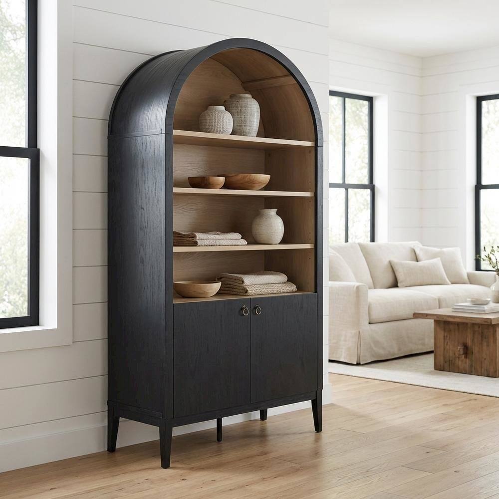 Angle. FurniFact - Black tall storage display cabinet with arched design and spacious shelves - Black.
