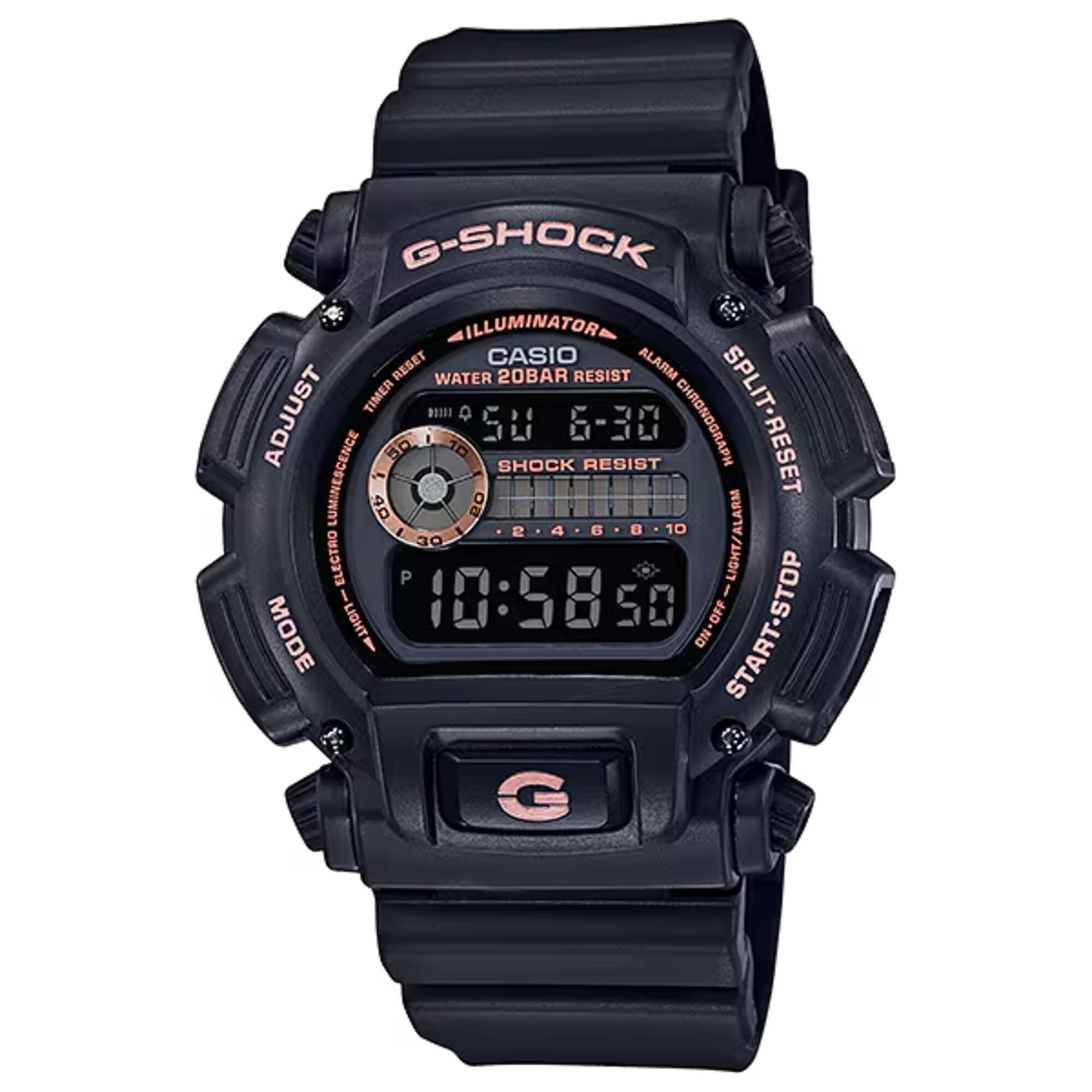 G-SHOCK ILLUMINATOR RESET CASIO ALARM WATER 20BAR RESIST SPLIT. ADJUST TIMER SU 6-30 CHRONOGRAPH SPLIT-RESET 50 10 SHOCK RESIST LUMINESCENCE ELECTRO 40 30 20 2 4 6 8 10 LIGHT/ALARM P -LIGHT 10:58 OFF START-STOP MODE
