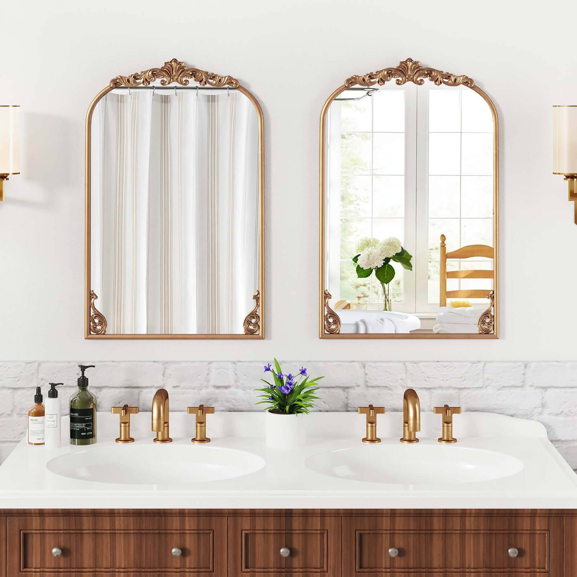 Alt View 4. Costway - Costway 30" x 20" Gold Traditional Vintage Ornate Baroque Arched Mirror for Wall with Metal Frame - Gold.