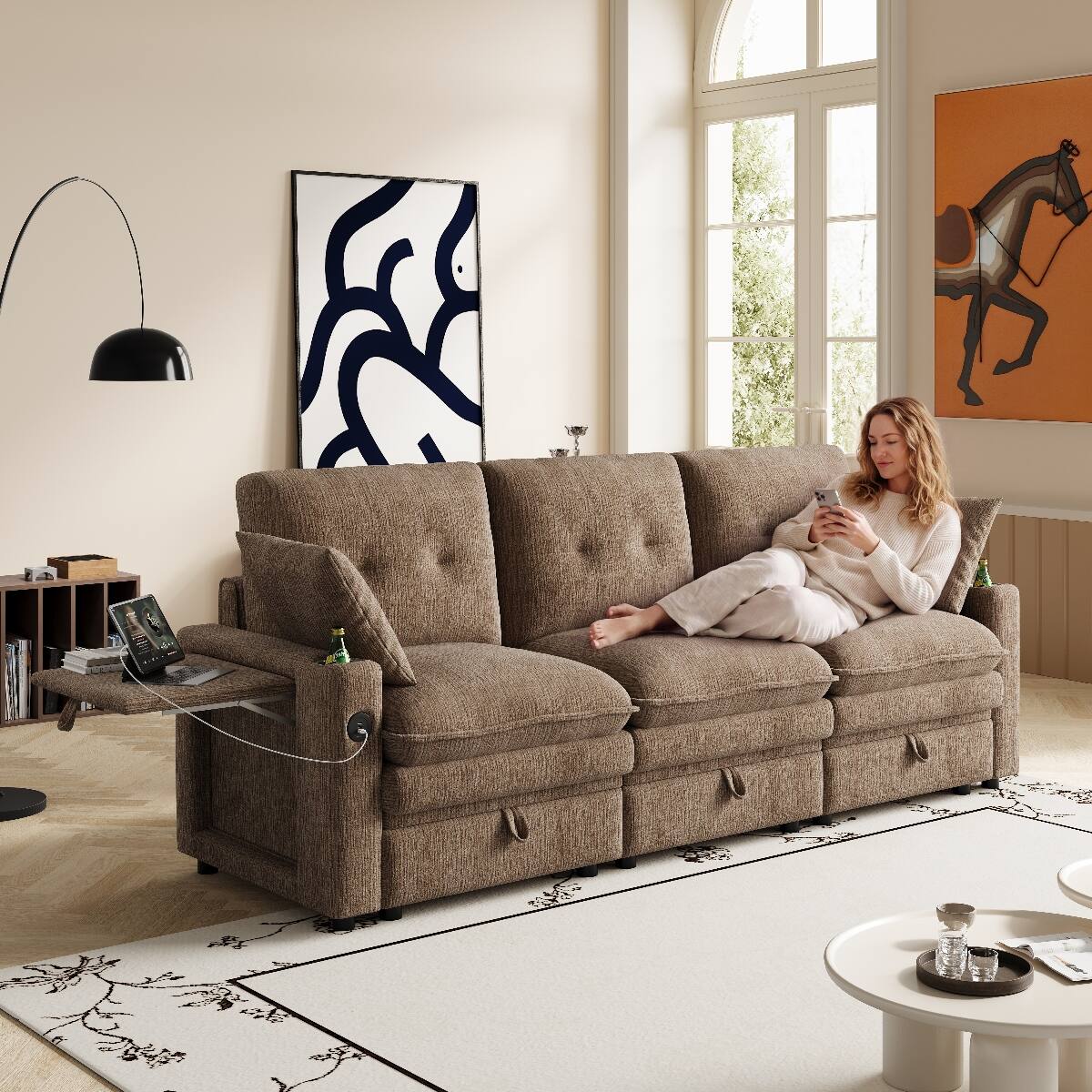 Angle. Ropilly - Ropilly 89 Inch 3 Seater Sofa, Chenille Cloud Sofa with Storage Sofa with USB Ports, Coffee - Coffee.