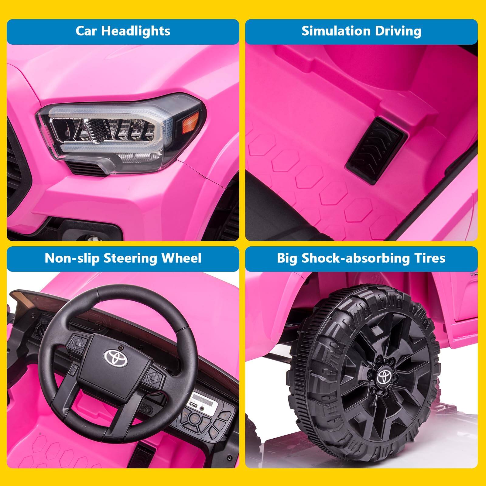 - Car Headlights
- Simulation Driving
- Non-slip Steering Wheel
- Big Shock-absorbing Tires