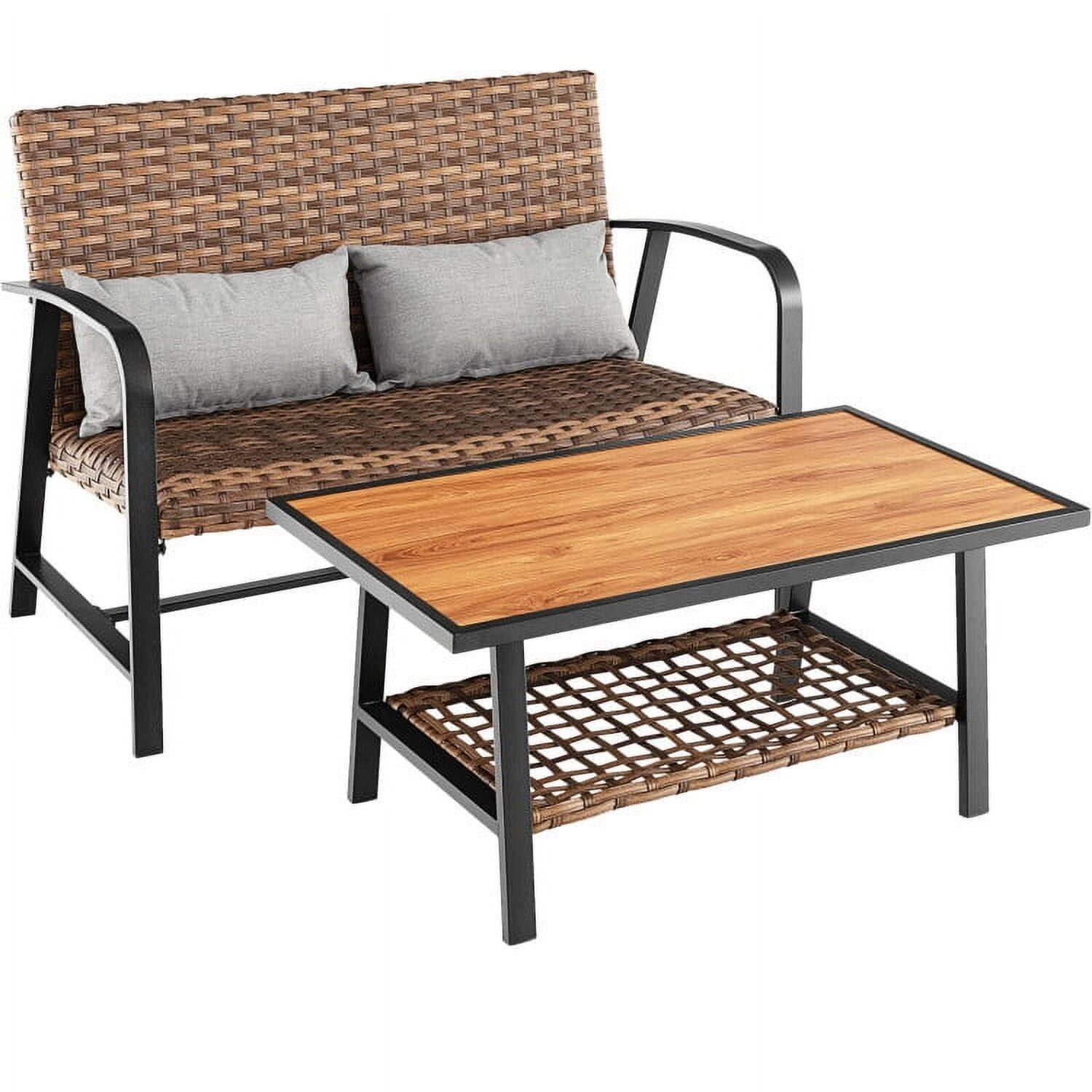 Back. Kadyn - 5 Pieces Patio Wicker Conversation Set, Small Patio Conversation Furniture Set with Shelf and Quick Dry Cushion - Brown.