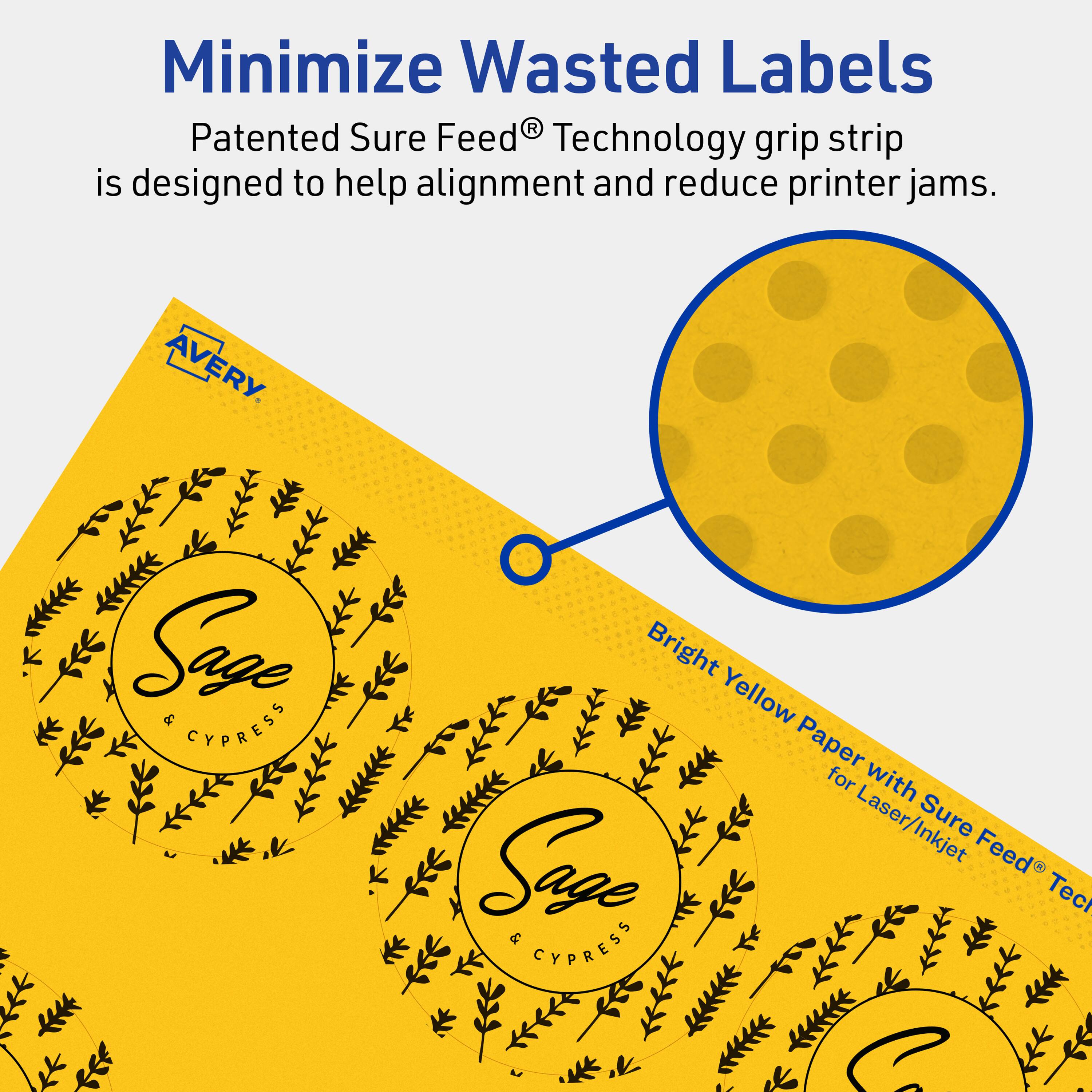 Minimize Wasted Labels

Patented Sure Feed® Technology grip strip is designed to help alignment and reduce printer jams.

AVERY

Bright Yellow Paper for Laser/Inkjet with Sure Feed® Technology