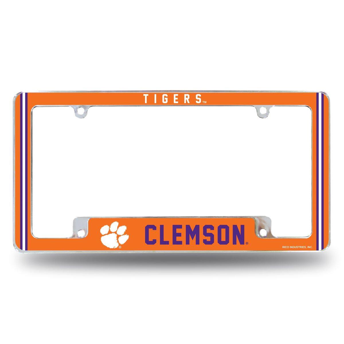 Clemson Tigers Chrome Metal License Plate Frame with Full Frame Team Color Graphics