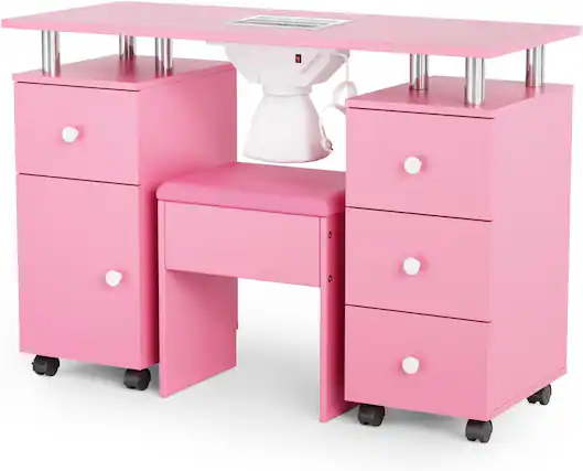 Front. Winado - Nail Desk and Chair Set, Manicure Table with Stool, Dust Collector, Arm Rest, Wheels, Drawers, Cabinet for Makeup Beauty - Pink.
