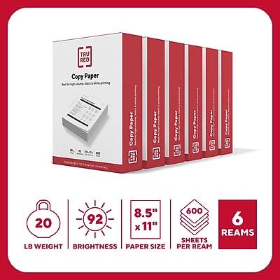 TRU RED Copy Paper  
Bright white, 20 lb, 100% wood-free graying  

20 LB WEIGHT  
92 BRIGHTNESS  
8.5" x 11" PAPER SIZE  
600 SHEETS PER REAM  
6 REAMS