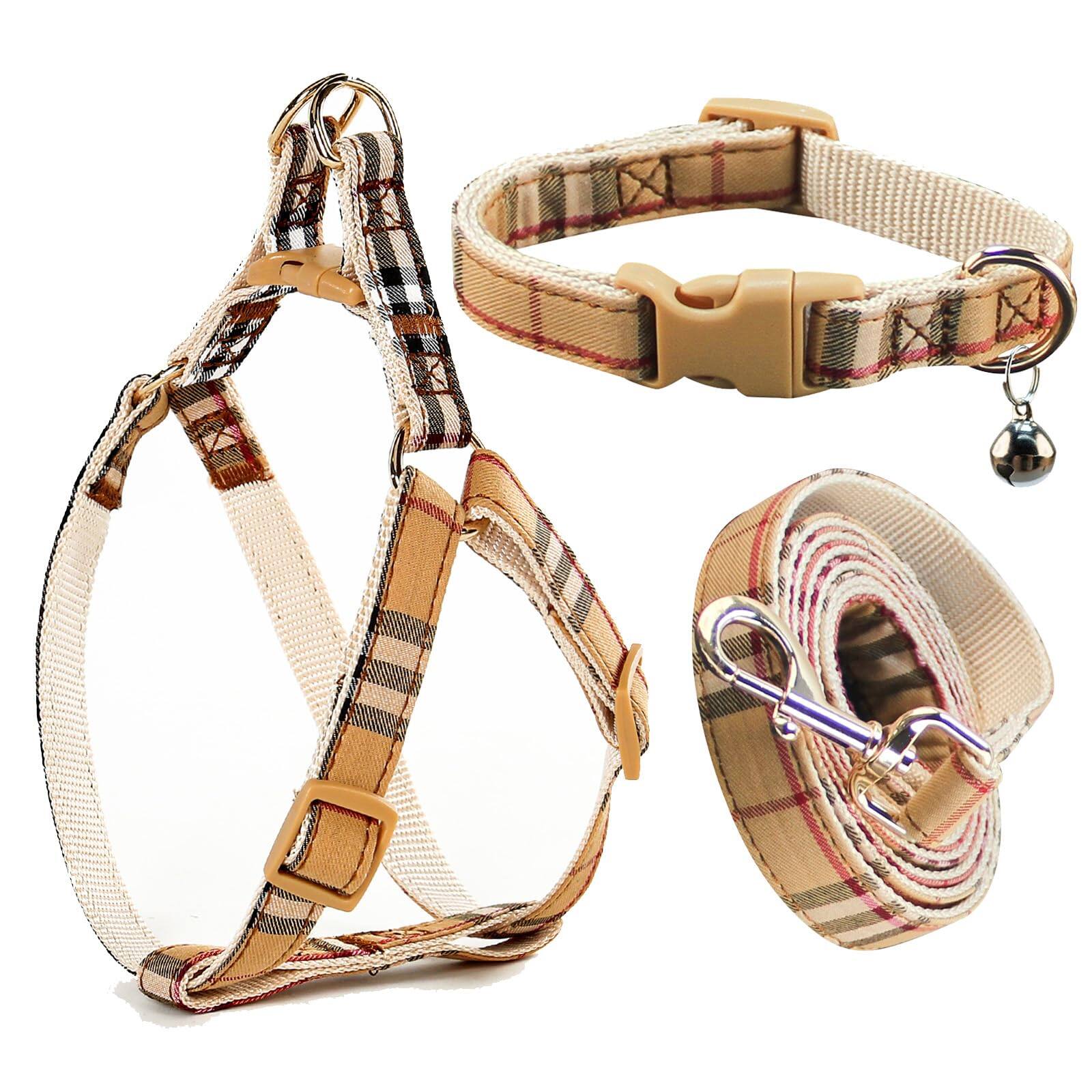 Paradigms Interiors - Cute Plaid Dog Collar Harness And Leash With Safety Buckle - No Pull Comfortable Collars For Puppy Stylish - beige-03-S