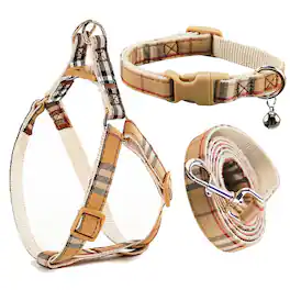 Paradigms Interiors - Cute Plaid Dog Collar Harness And Leash With Safety Buckle - No Pull Comfortable Collars For Puppy Stylish - beige-03-S