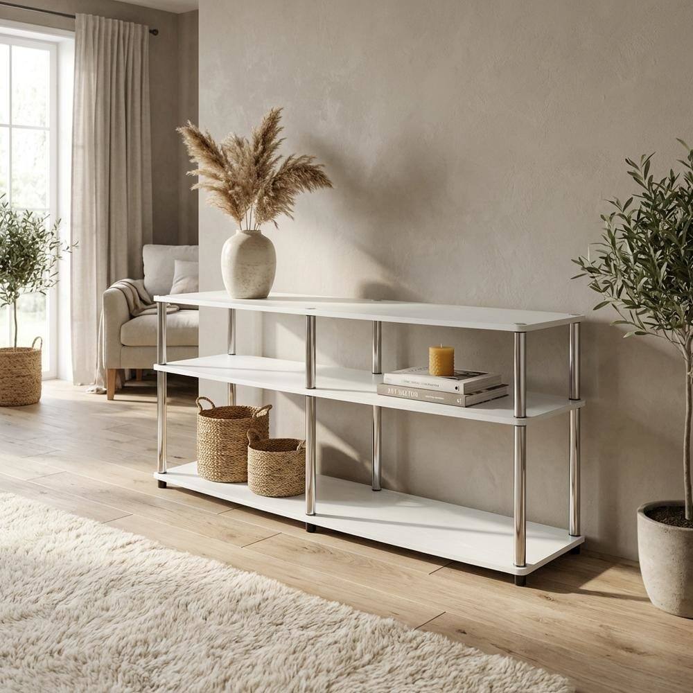 Alt View 2. FurniFact - White 3-Tier TV Stand with Particle Board Construction and Stainless Steel Poles - White.