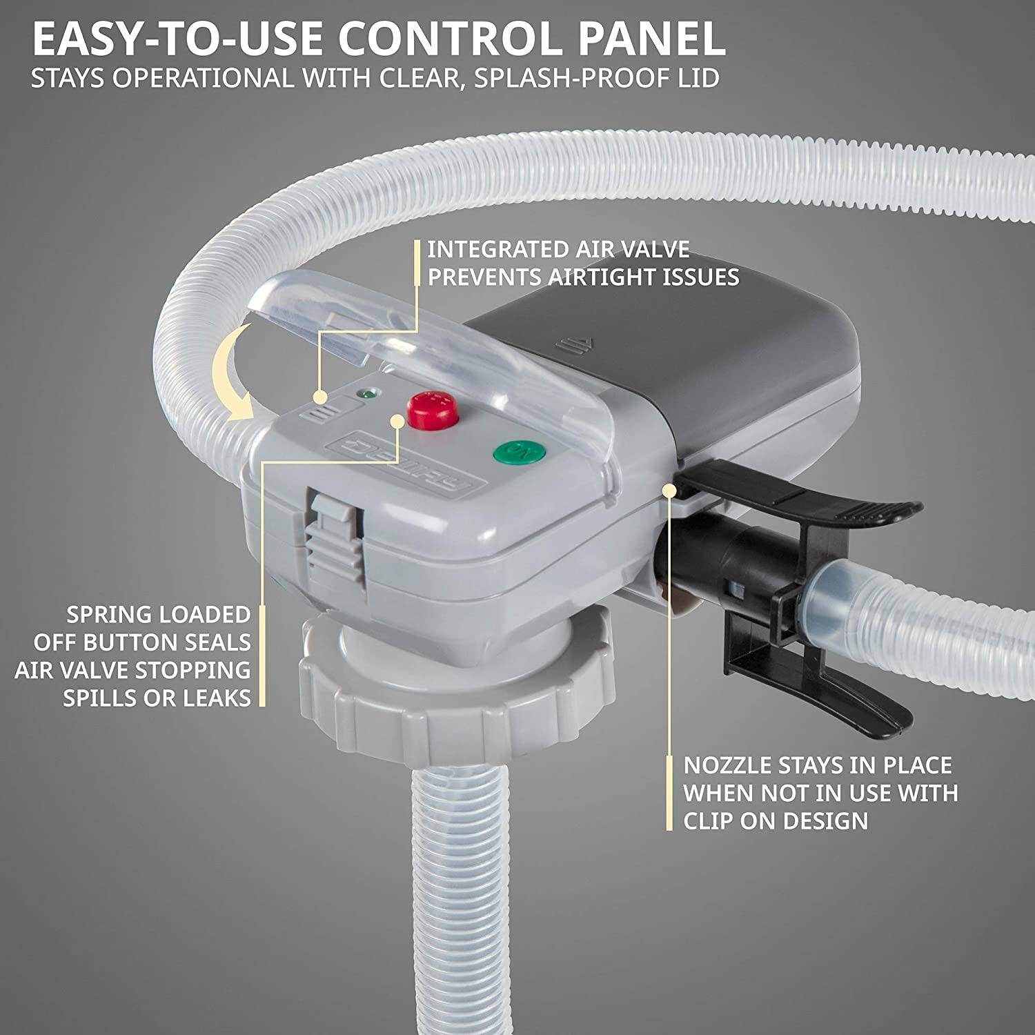 EASY-TO-USE CONTROL PANEL STAYS OPERATIONAL WITH CLEAR, SPLASH-PROOF LID
INTEGRATED AIR VALVE PREVENTS AIRTIGHT ISSUES
SPRING LOADED OFF BUTTON SEALS AIR VALVE STOPPING SPILLS OR LEAKS
NOZZLE STAYS IN PLACE WHEN NOT IN USE WITH CLIP ON DESIGN