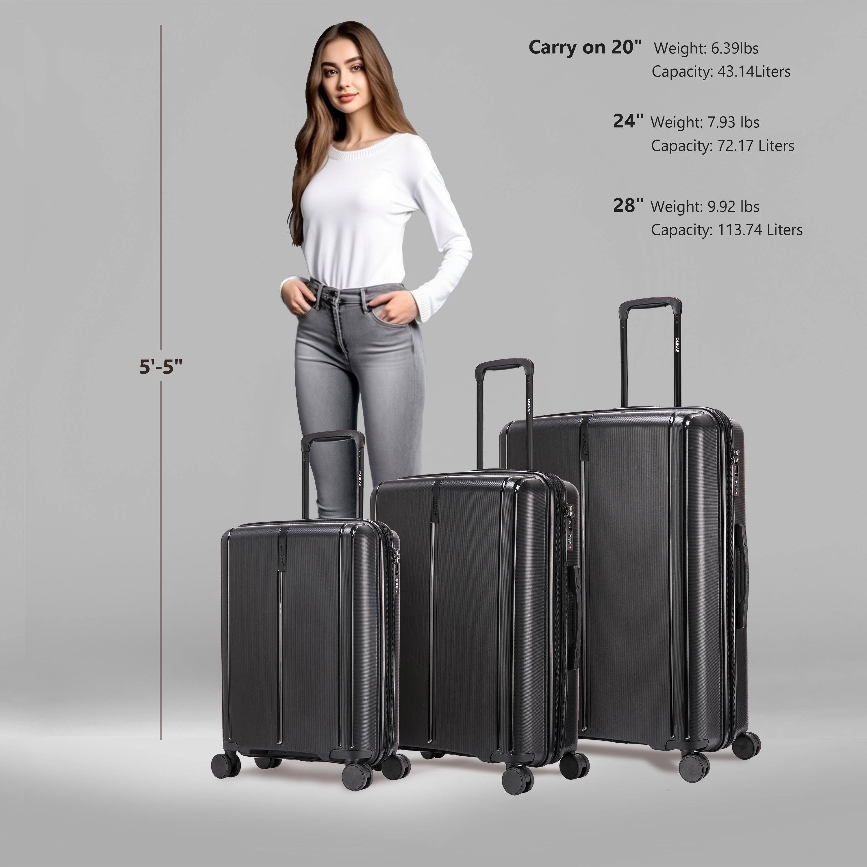 Sure, here is the corrected and grouped text:

- **5'-5"**

- **Carry on 20"**
  - Weight: 6.39 lbs
  - Capacity: 43.14 Liters

- **24"**
  - Weight: 7.93 lbs
  - Capacity: 72.17 Liters

- **28"**
  - Weight: 9.92 lbs
  - Capacity: 113.74 Liters