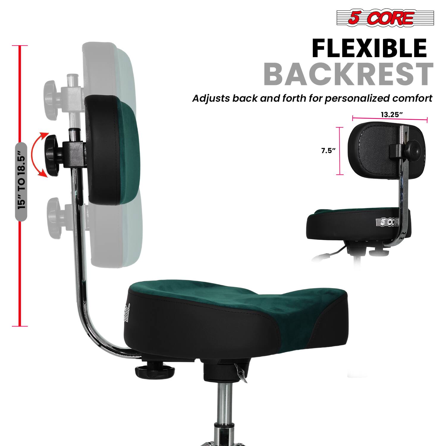 5 CORE FLEXIBLE BACKREST  
Adjusts back and forth for personalized comfort  

15" TO 18.5"  
13.25"  
7.5"