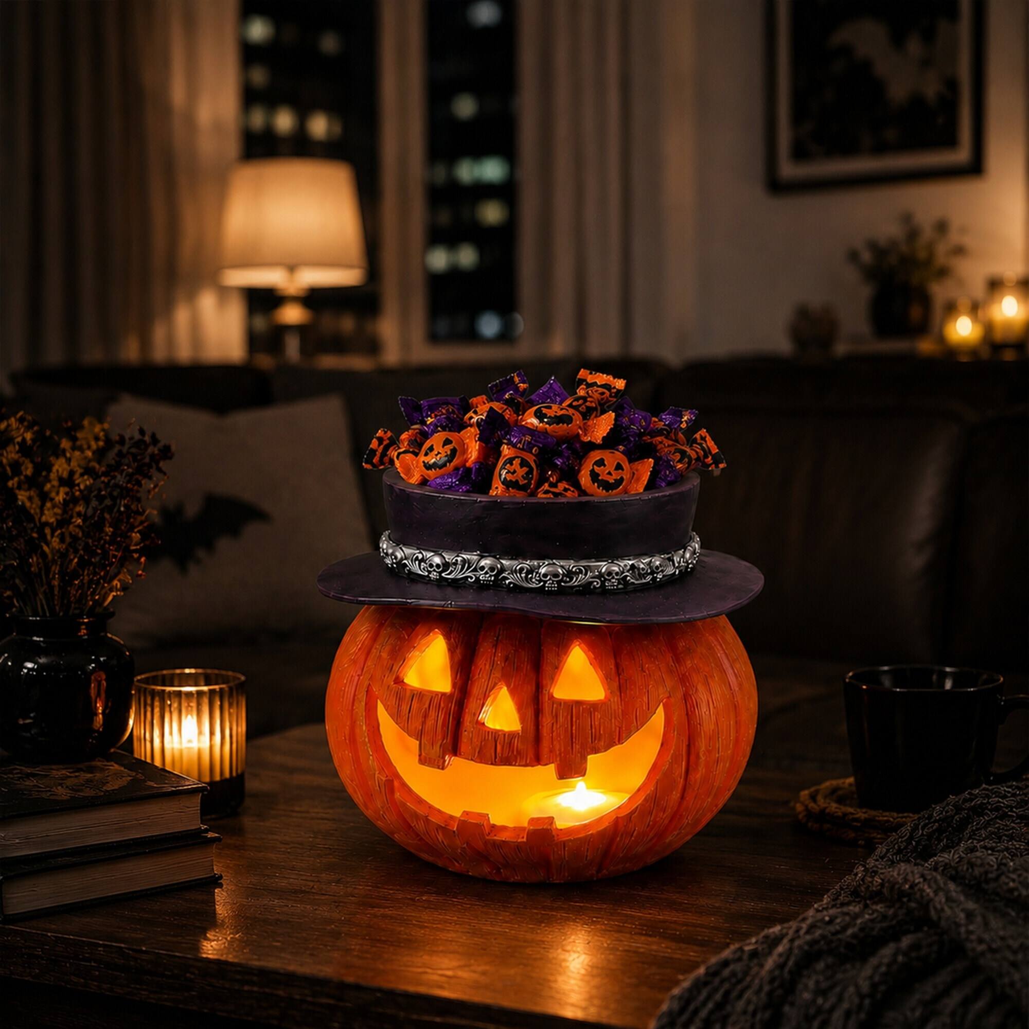 Left. RYHNUYNE - Halloween Pumpkin Candy Bowl with Witch Hat, Light Up Jack O Lantern Tabletop Storage for Spooky Home Party Decor - Yellow.