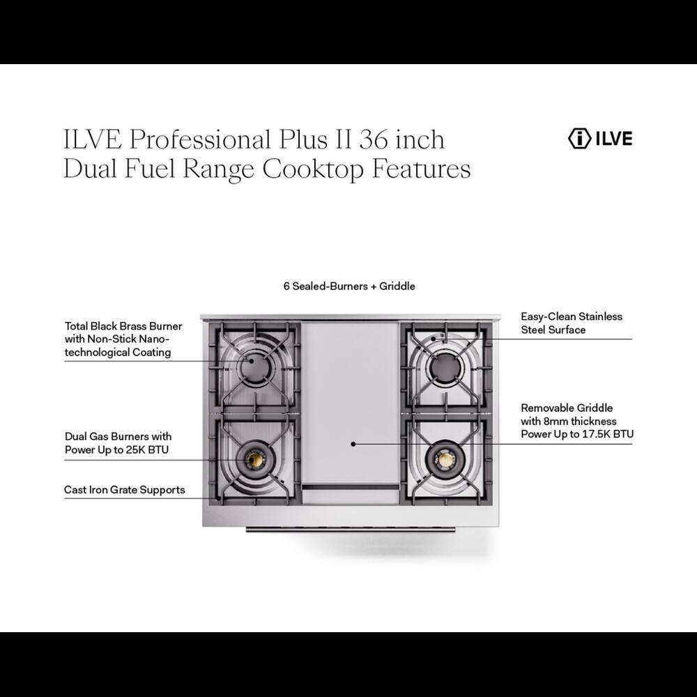 ILVE Professional Plus II 36 inch Dual Fuel Range Cooktop Features

- 6 Sealed-Burners + Griddle
- Total Black Brass Burner with Non-Stick Nano-technological Coating
- Easy-Clean Stainless Steel Surface
- Dual Gas Burners with Power Up to 25K BTU
- Removable Griddle with 8mm thickness Power Up to 17.5K BTU
- Cast Iron Grate Supports