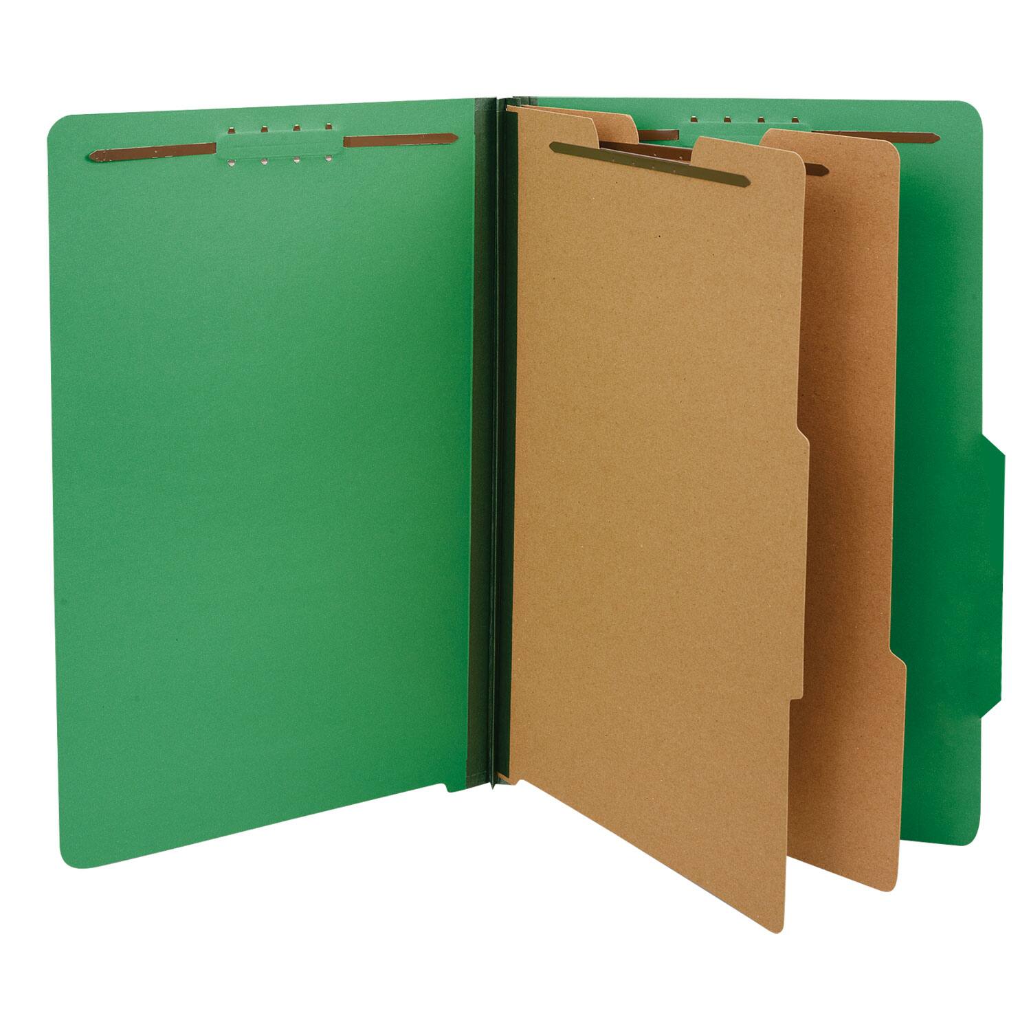 Angle. Universal - Bright Colored Pressboard  Folders, 2" Expansion, 2 Dividers, 6 Fasteners, Legal Size, Emerald Green, 10/Box.