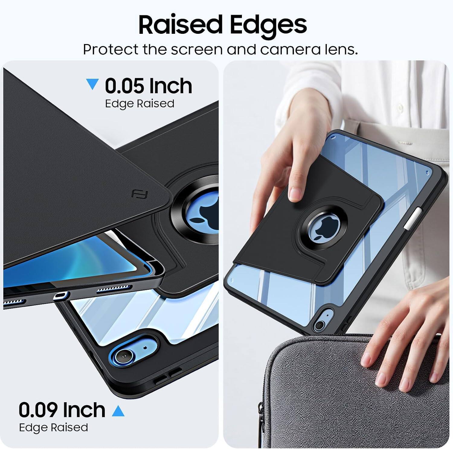 Raised Edges Protect the screen and camera lens.  
0.05 Inch Edge Raised  
0.09 Inch Edge Raised