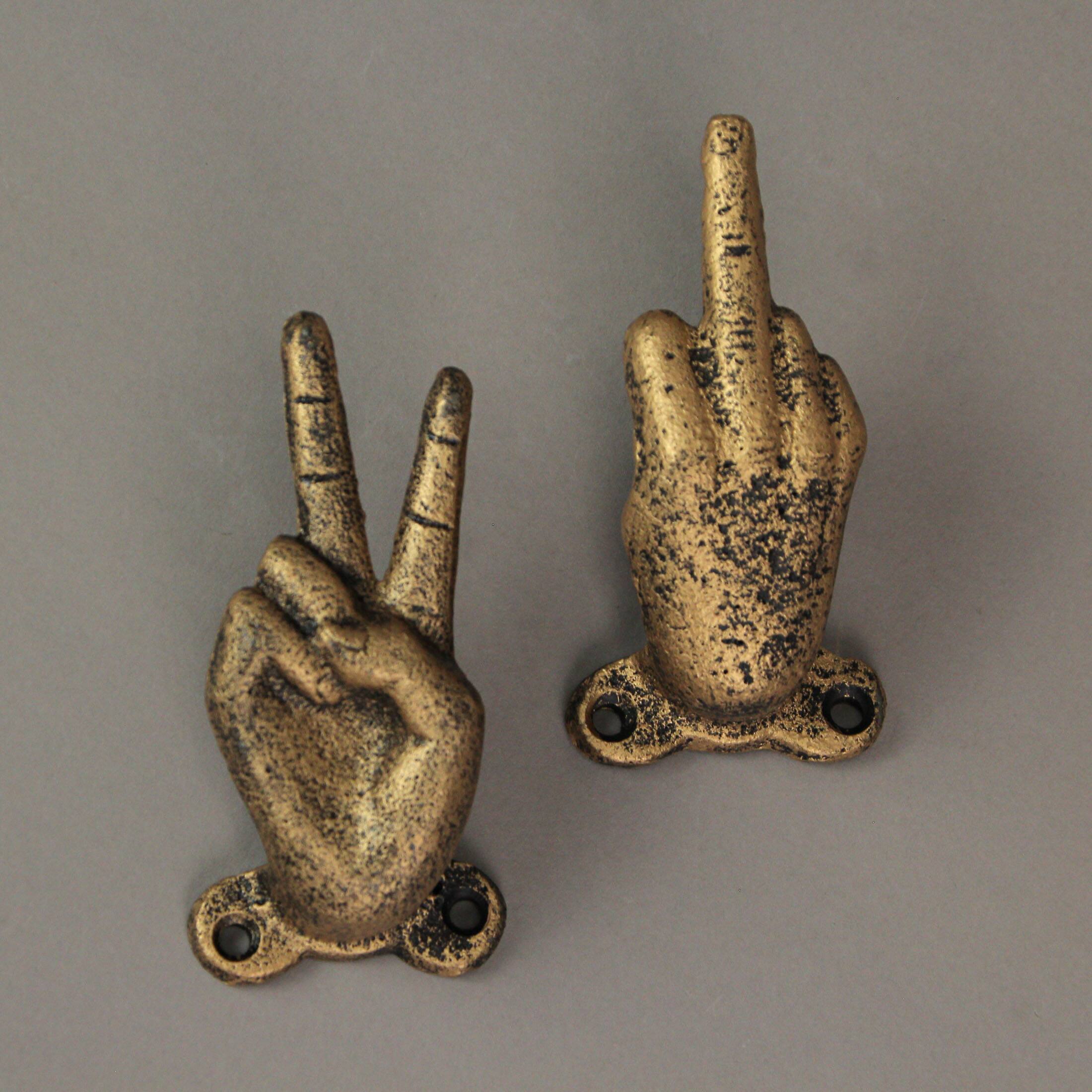 Alt View 5. Zeckos - Set of 3 Gold Cast Iron Hand Gesture Decorative Wall Hooks Key Towel Hanger - Gold.