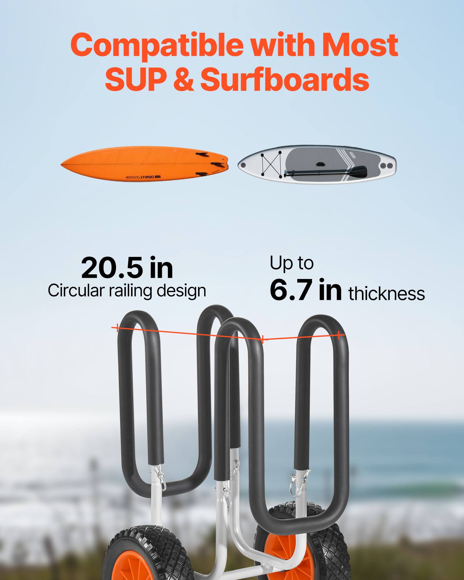 Compatible with Most SUP & Surfboards  
20.5 in Circular railing design  
Up to 6.7 in thickness