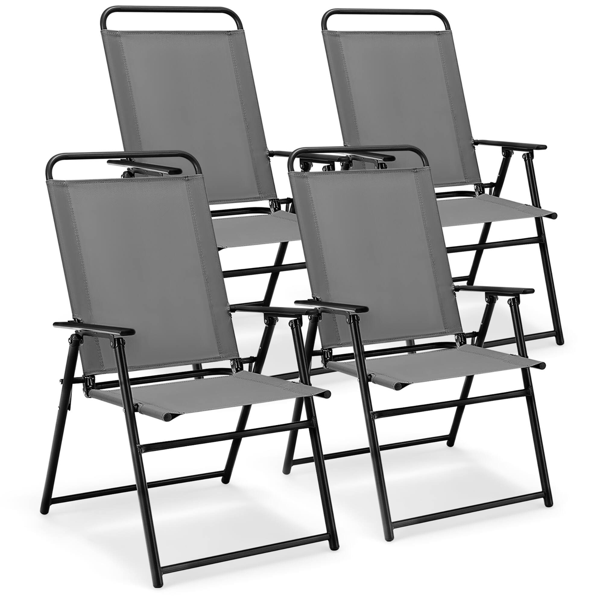 Front. Gymax - Gymax Set of 4 Folding Sling Chairs Portable chair w/ Dining Armrest Backrest Patio - Grey.