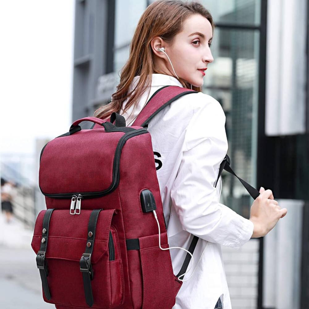 Alt View 1. Circus Cirle - Circus Cirle Vintage Backpack With Usb Charging Port - Red.
