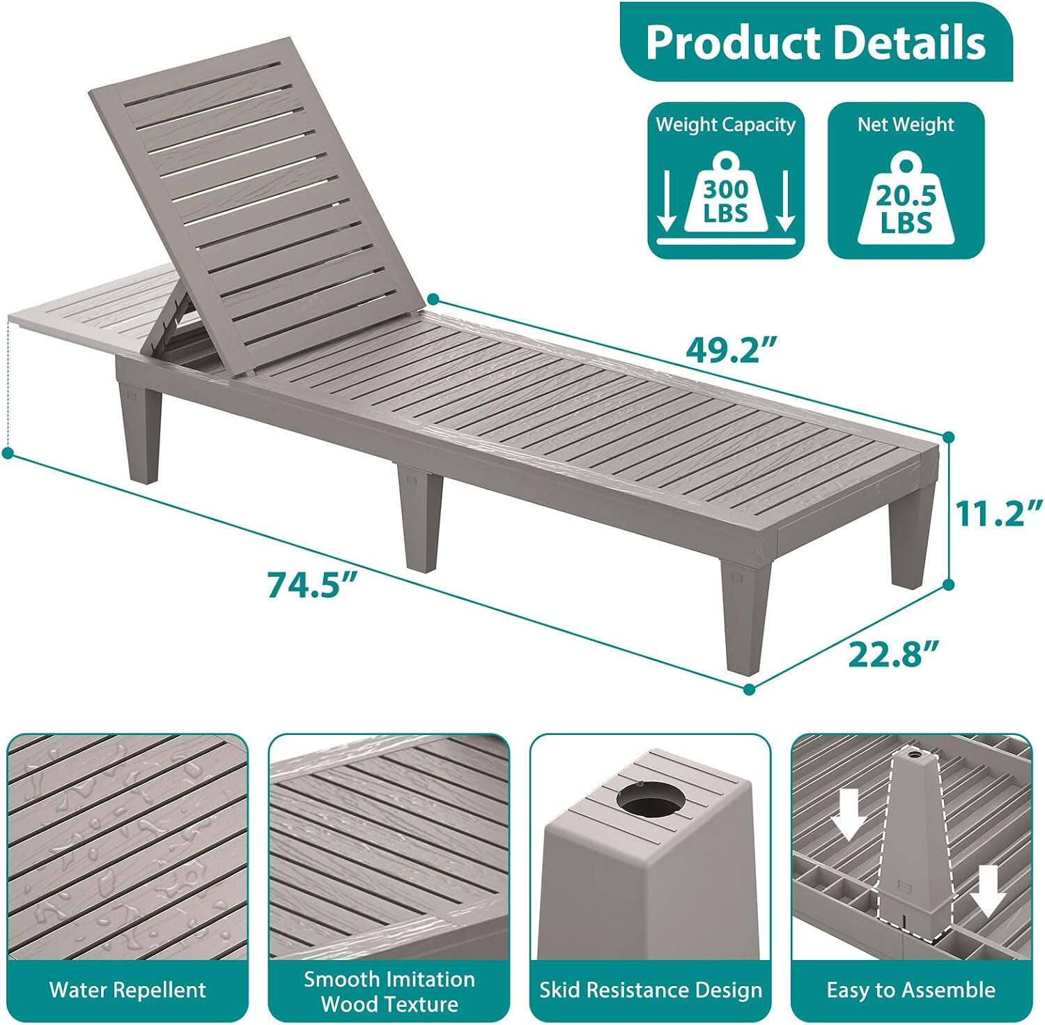 Product Details

- Weight Capacity: 300 LBS
- Net Weight: 20.5 LBS
- Dimensions: 49.2" x 11.2" x 74.5" x 22.8"
- Features: Water Repellent, Smooth Imitation Wood Texture, Skid Resistance Design, Easy to Assemble