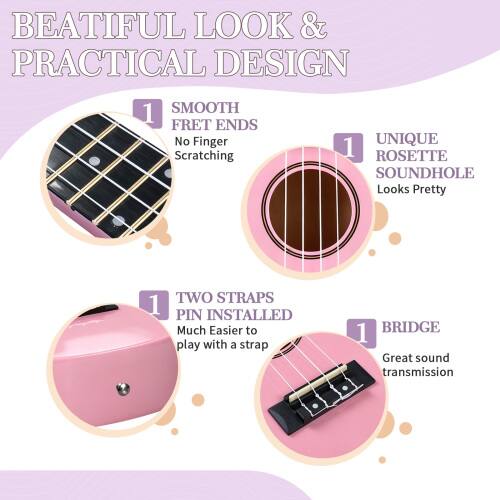 BEATIFUL LOOK & PRACTICAL DESIGN

1. SMOOTH FRET ENDS
   No Finger Scratching

2. UNIQUE ROSETTE SOUNDHOLE
   Looks Pretty

3. TWO STRAPS PIN INSTALLED
   Much Easier to play with a strap

4. BRIDGE
   Great sound transmission