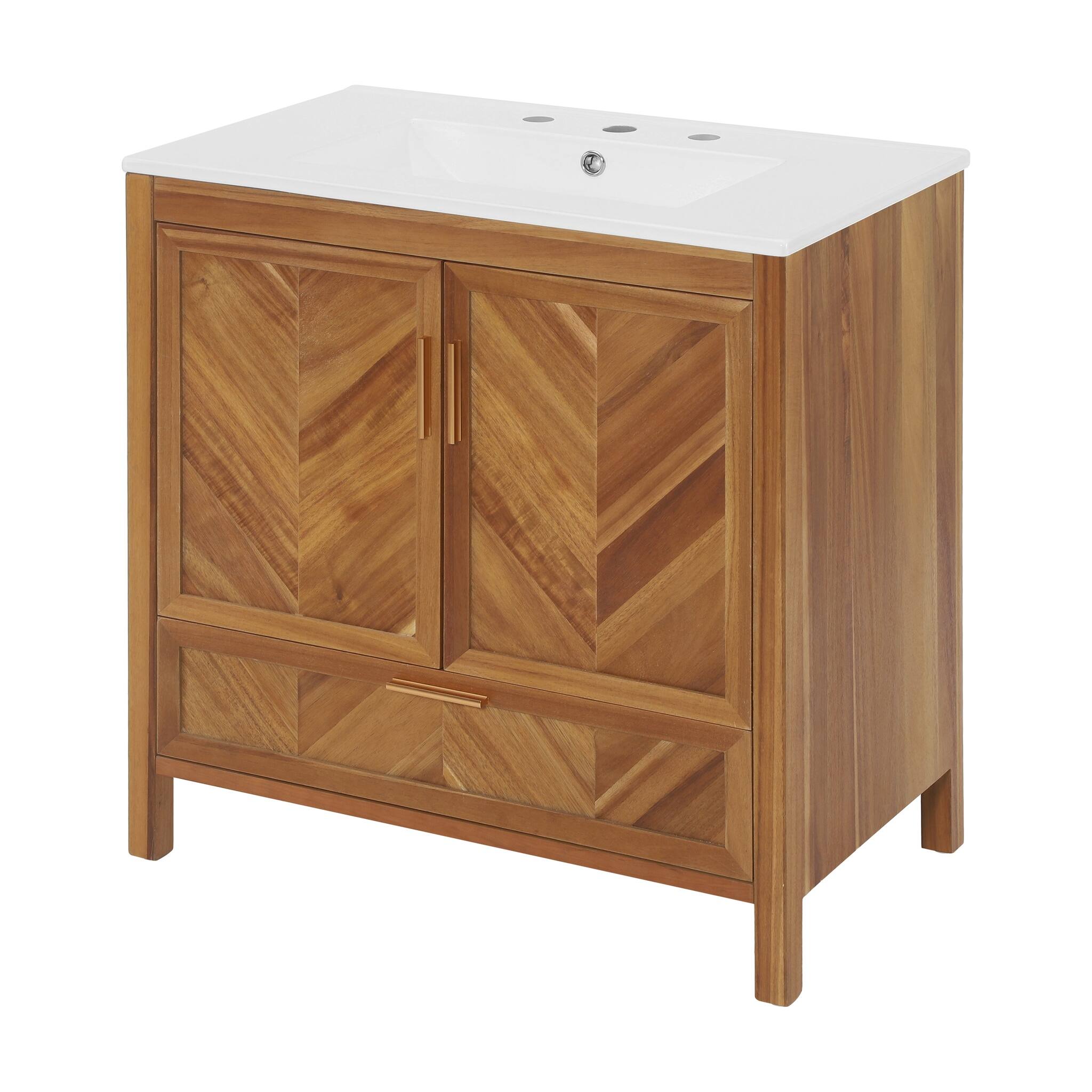 Alt View 1. JUJABU - 30 Inch Freestanding Farmhouse Bathroom Vanity with Integrated White Ceramic Sink Top and Full Extension Drawer - Natural.