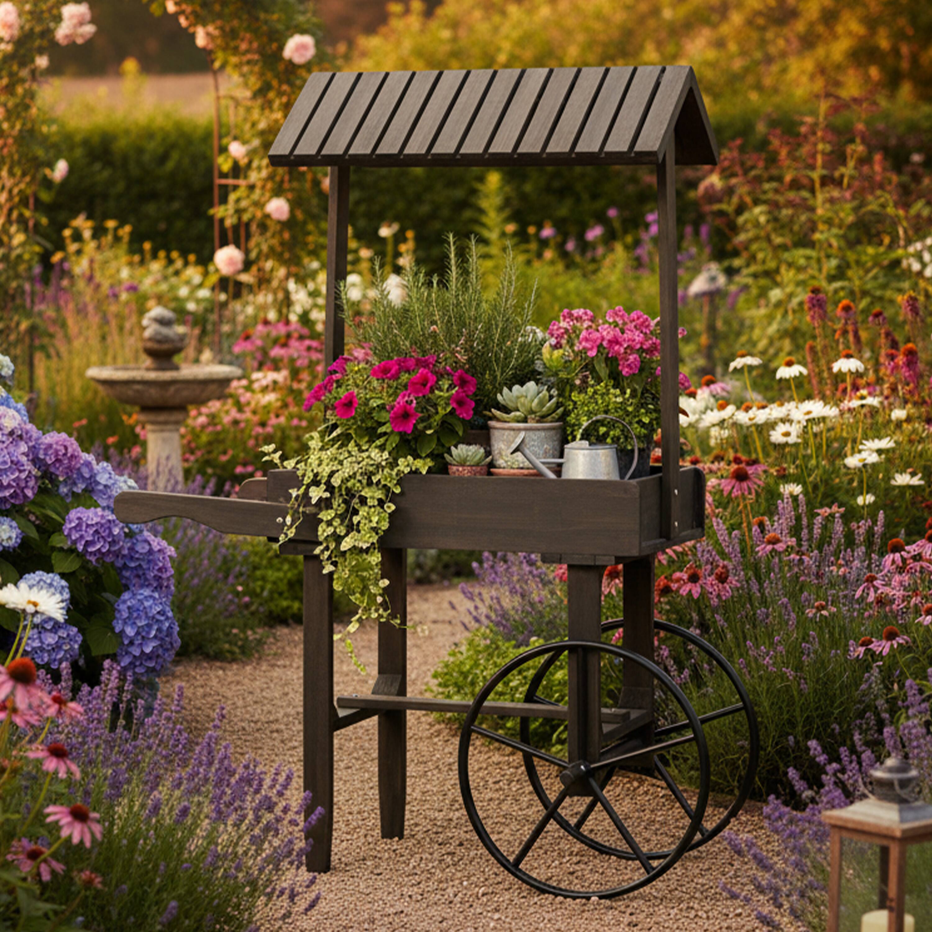 Alt View 7. Sunnydaze - Rustic, Vintage Flower Cart Display Stand with Wheels - Gray.