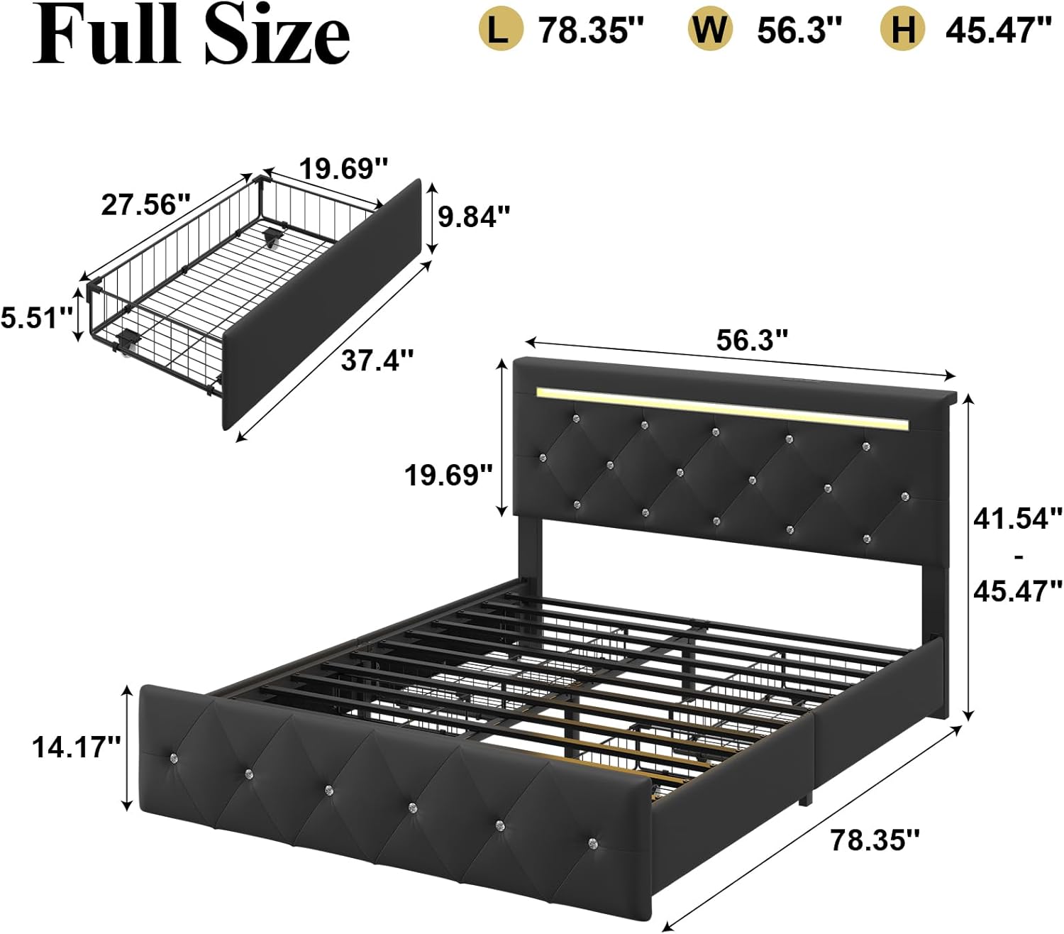 Full Size  
L 78.35"  
W 56.3"  
H 45.47"  

27.56"  
19.69"  
9.84"  
5.51"  
37.4"  
56.3"  
19.69"  
41.54" - 45.47"  
14.17"  
78.35"