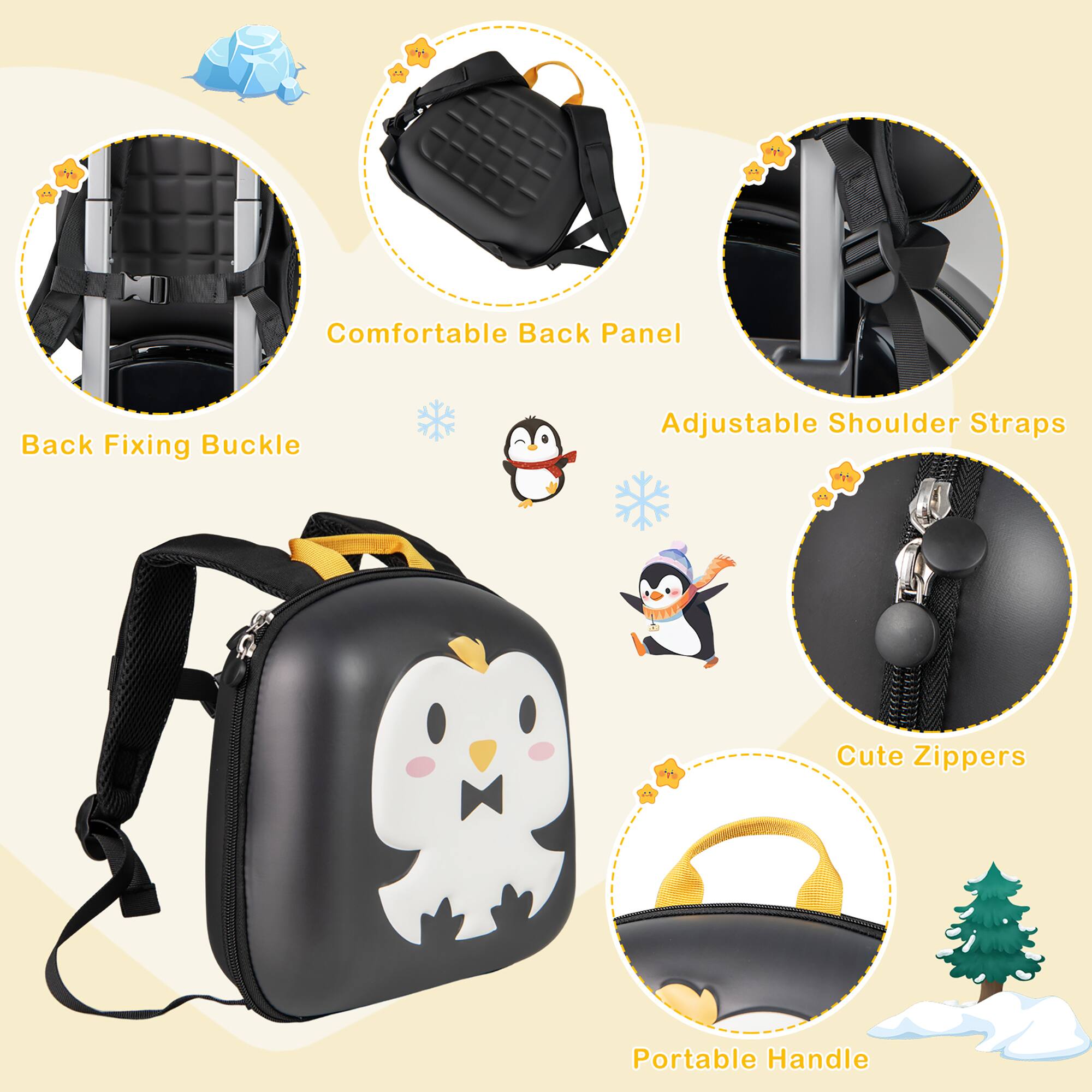 Comfortable Back Panel  
Back Fixing Buckle  
Adjustable Shoulder Straps  
Cute Zippers  
Portable Handle