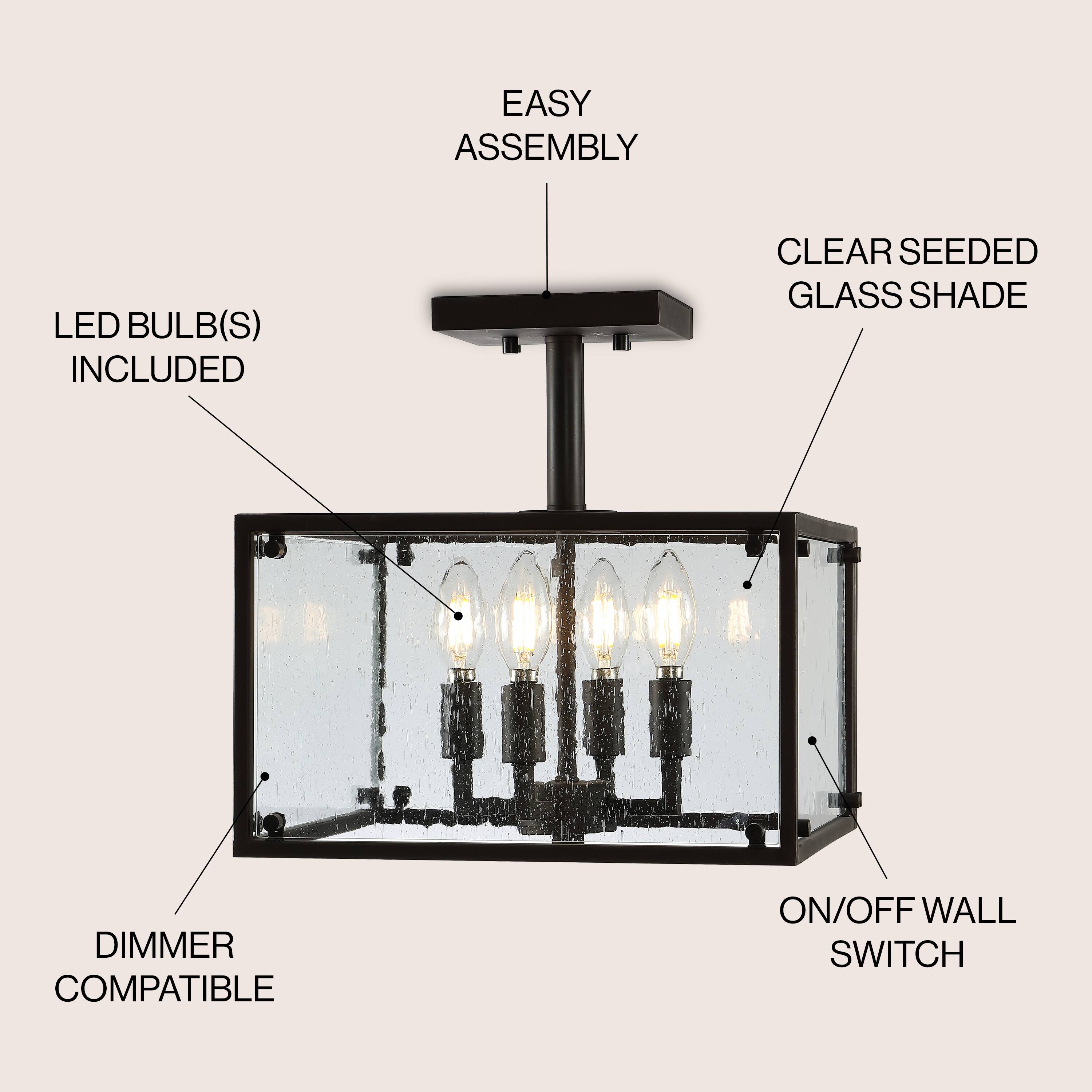 EASY ASSEMBLY  
LED BULB(S) INCLUDED  
CLEAR SEEDED GLASS SHADE  
DIMMER COMPATIBLE  
ON/OFF WALL SWITCH