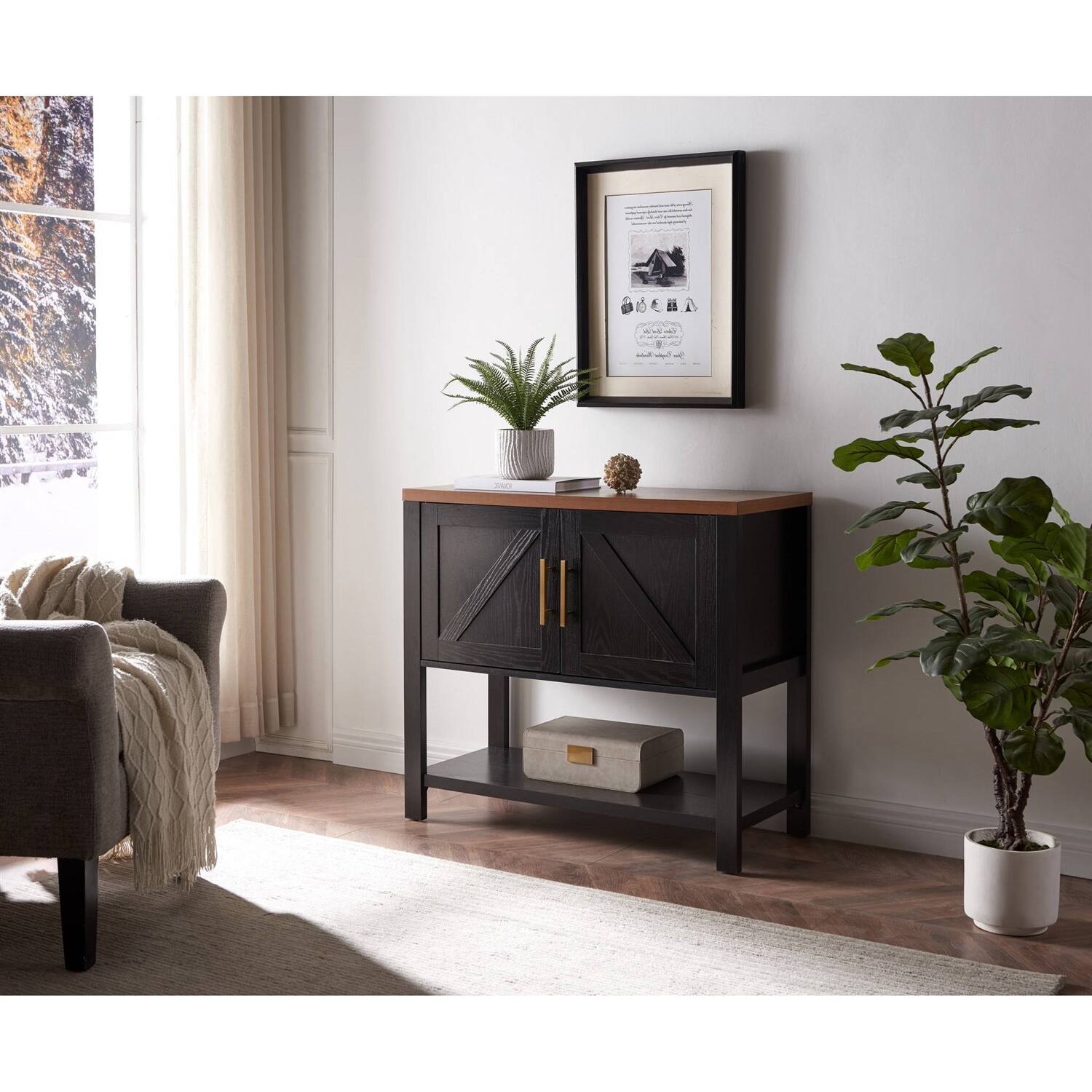 Back. Hivvago - Modern 2 Drawer Wooden Storage Console Table Black/Walnut - Black/Walnut.