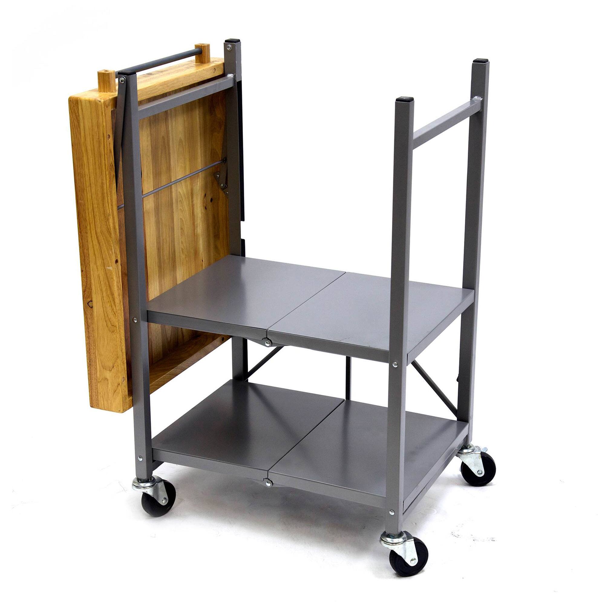 Alt View 7. Origami - Origami Foldable Wheeled Portable Solid Wood Top Kitchen Island Bar Cart, Silver - Silver, Solid wood top.