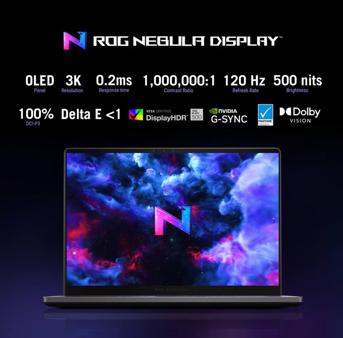 ROG NEBULA DISPLAY™

- OLED Panel
- 3K Resolution
- 0.2ms Response time
- 1,000,000:1 Contrast Ratio
- 120 Hz Refresh Rate
- 500 nits Brightness

- 100% DCI-P3
- Delta E <1
- VESA CERTIFIED DisplayHDR 500
- NVIDIA G-SYNC
- PANTONE VISION
- Dolby VISION