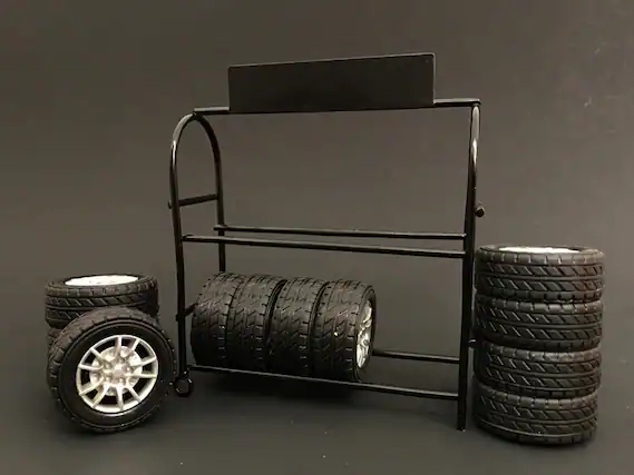 Front. American Diorama - Metal Tire Rack with Rims and Tires for 1/24 Scale Models by American Diorama - Black .