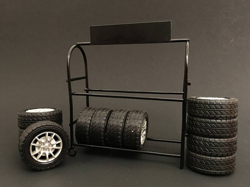 Front. American Diorama - Metal Tire Rack with Rims and Tires for 1/24 Scale Models by American Diorama - Black .