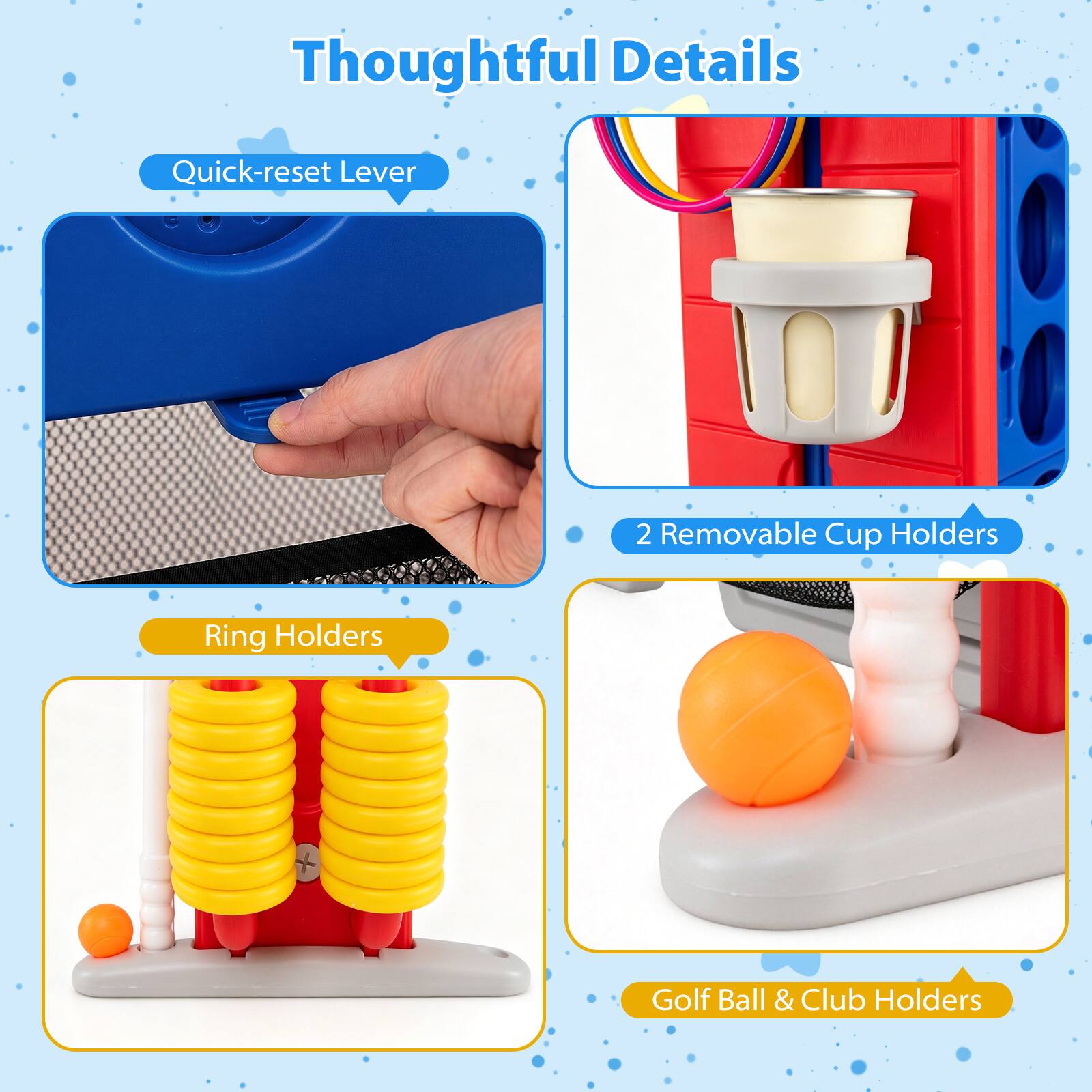 Thoughtful Details

- Quick-reset Lever
- 2 Removable Cup Holders
- Ring Holders
- Golf Ball & Club Holders