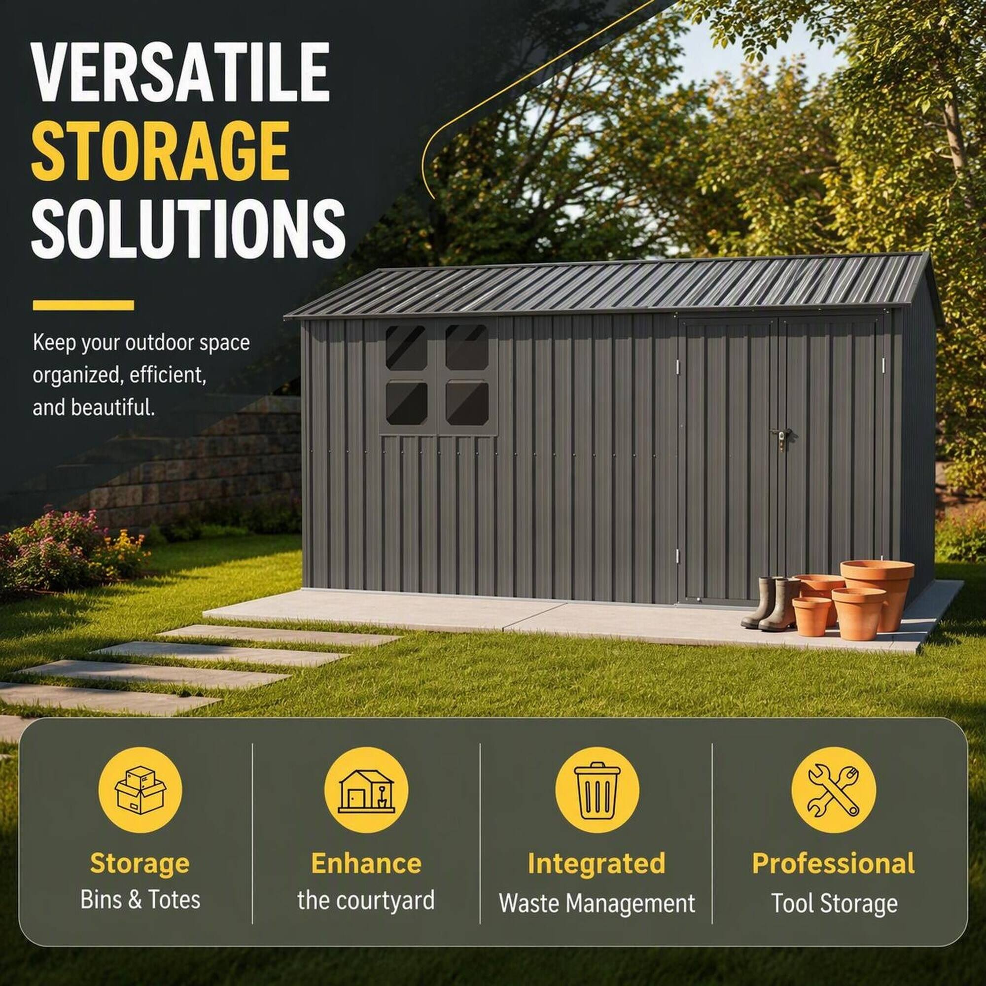 VERSATILE STORAGE SOLUTIONS

Keep your outdoor space organized, efficient, and beautiful.

- Storage Bins & Totes
- Enhance the courtyard
- Integrated Waste Management
- Professional Tool Storage