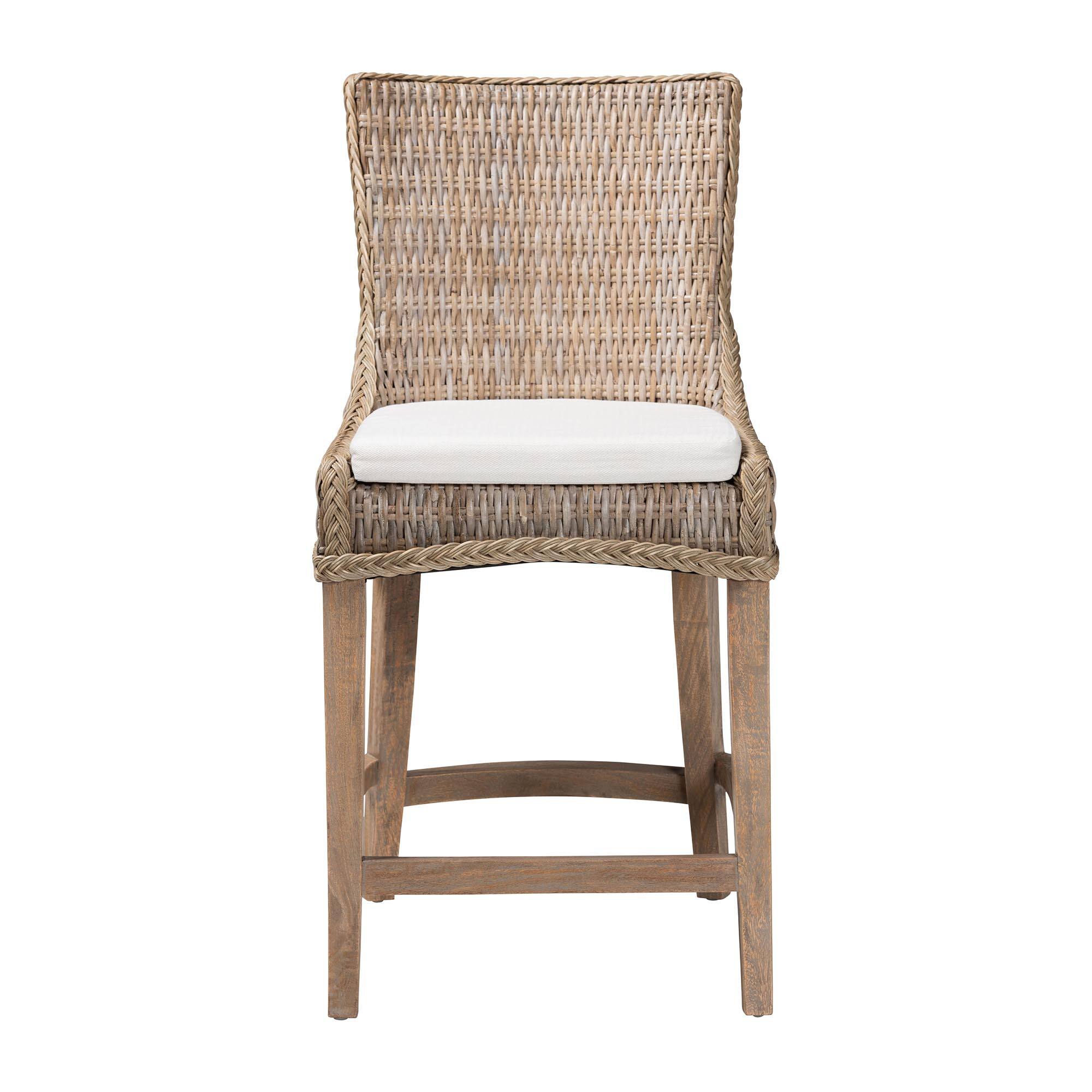 Angle. bali & pari - Derris Natural Rattan Counter Stool with Cushion - Tall Wingback Stool with Solid Mango Wood Legs and Footrest - Greywashed.