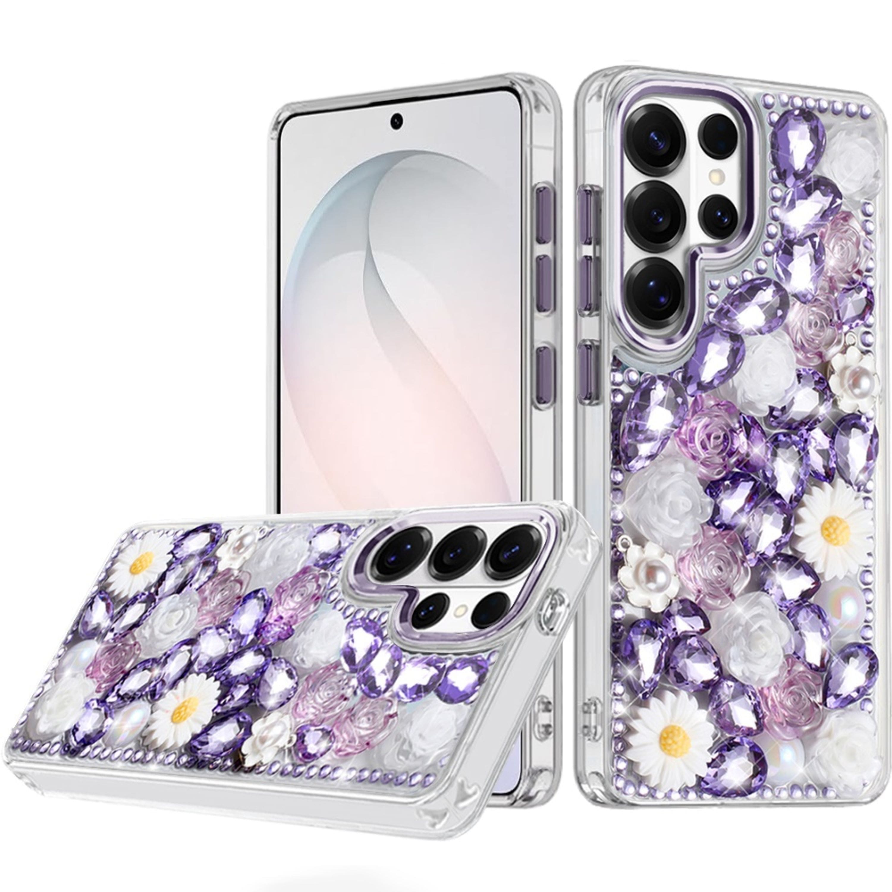 Kitcheniva - 3D Floral Rhinestone Jewel Case With Tempered Glass For Samsung S26 Ultra - Purple