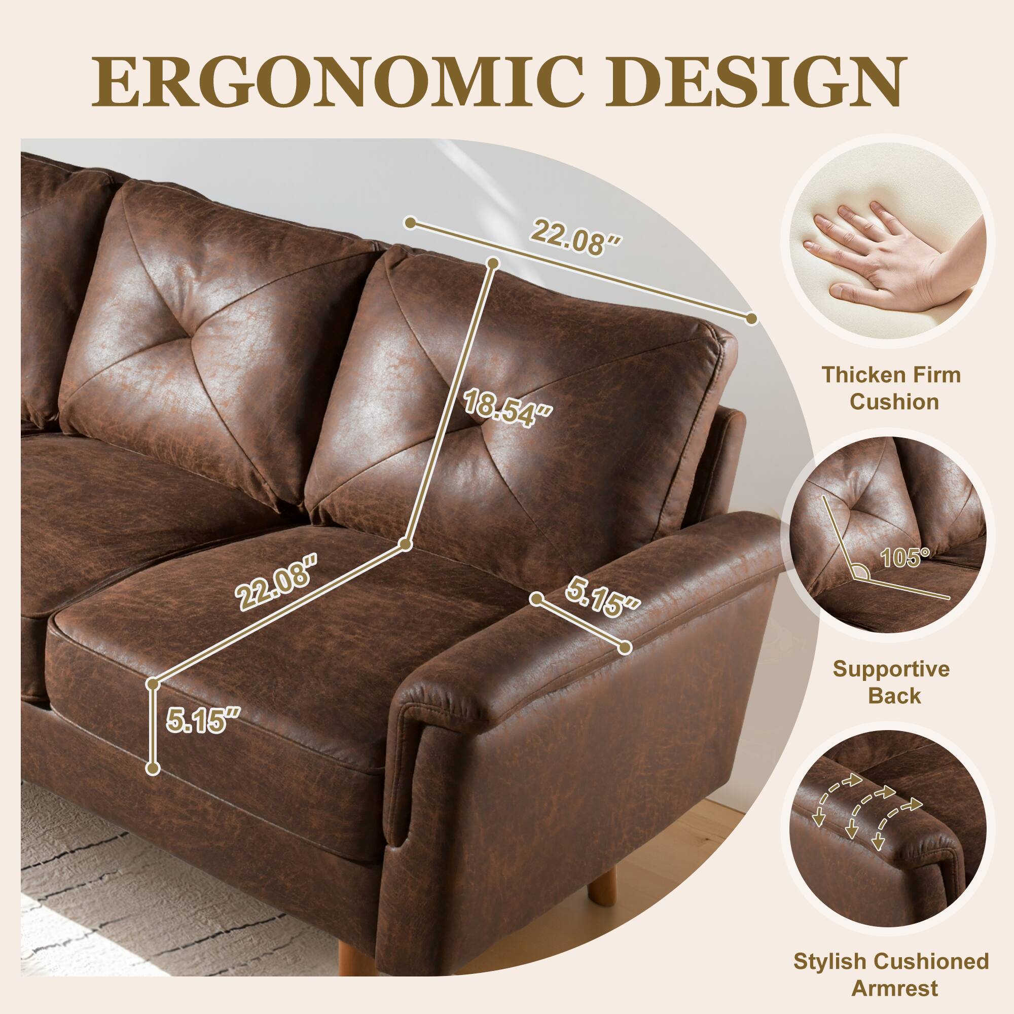 Ovios - 71" Mid-Century Modern Sofa Couch, Luxury 3 Seater Sofa with Comfortable Armrest for Living Room Bedroom - Dark Brown - Thumbnail 3