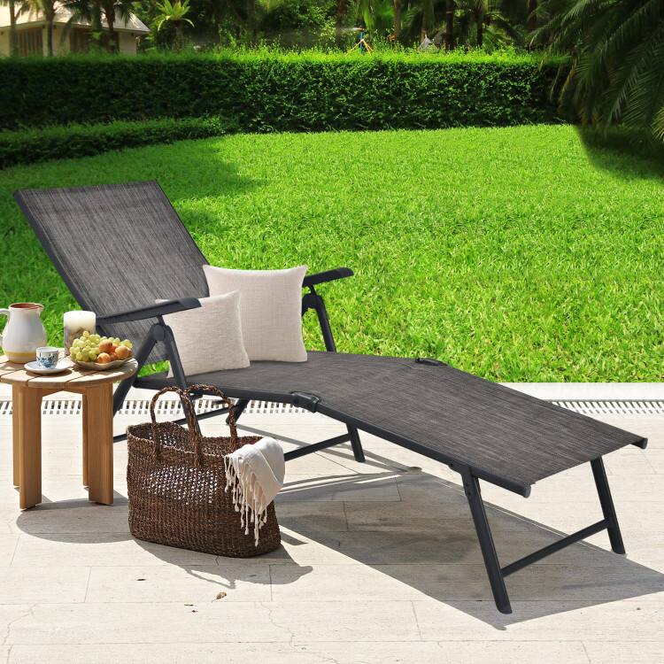 Front. Mondawe - Foldable Patio Chaise Lounge Chair with Adjustable Backrest and Footrest for Poolside - Dark Grey.