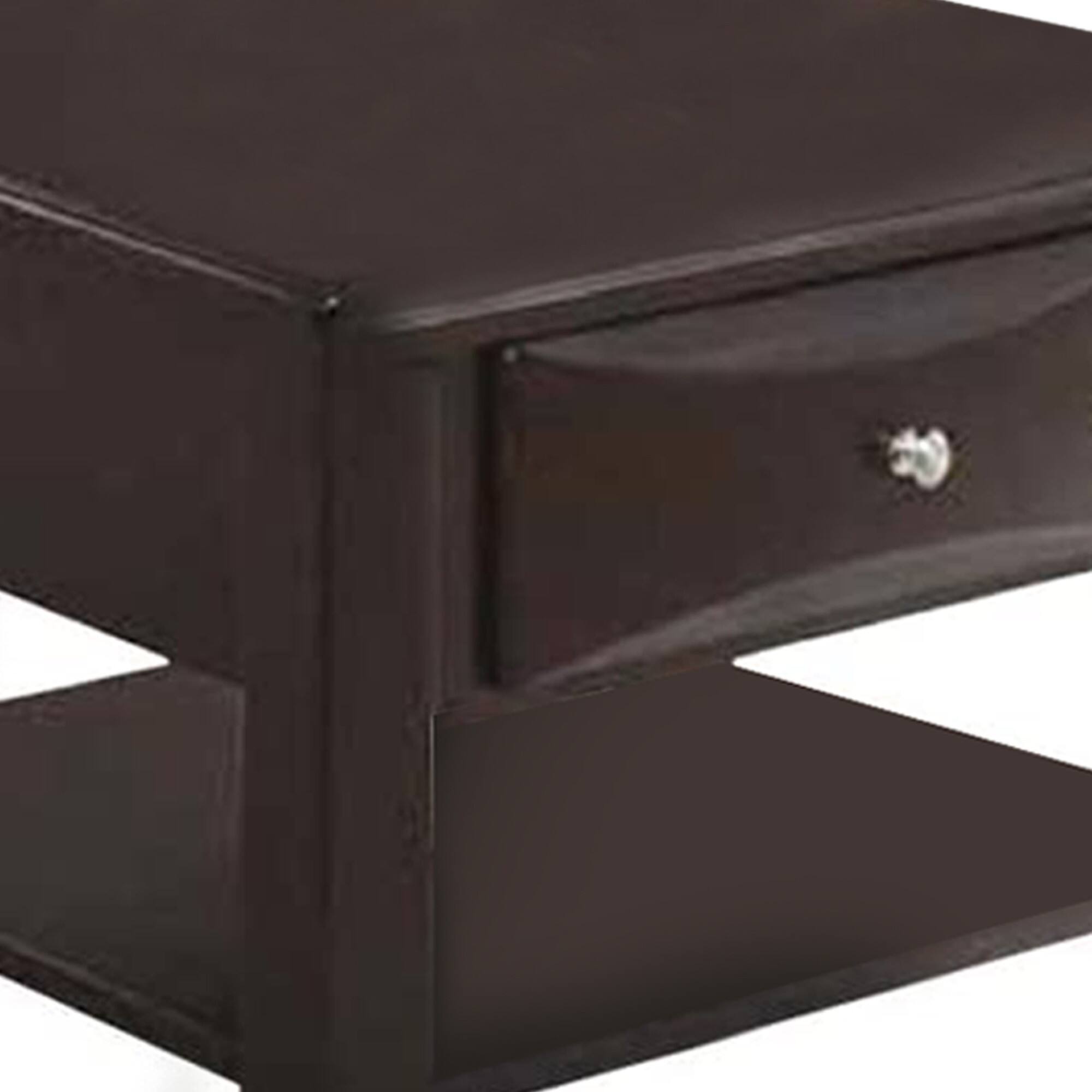 Angle. Manhattan Lane - 24 Inch Classic Square End Table, Single Drawer, Bottom Shelf, Wood - Brown.