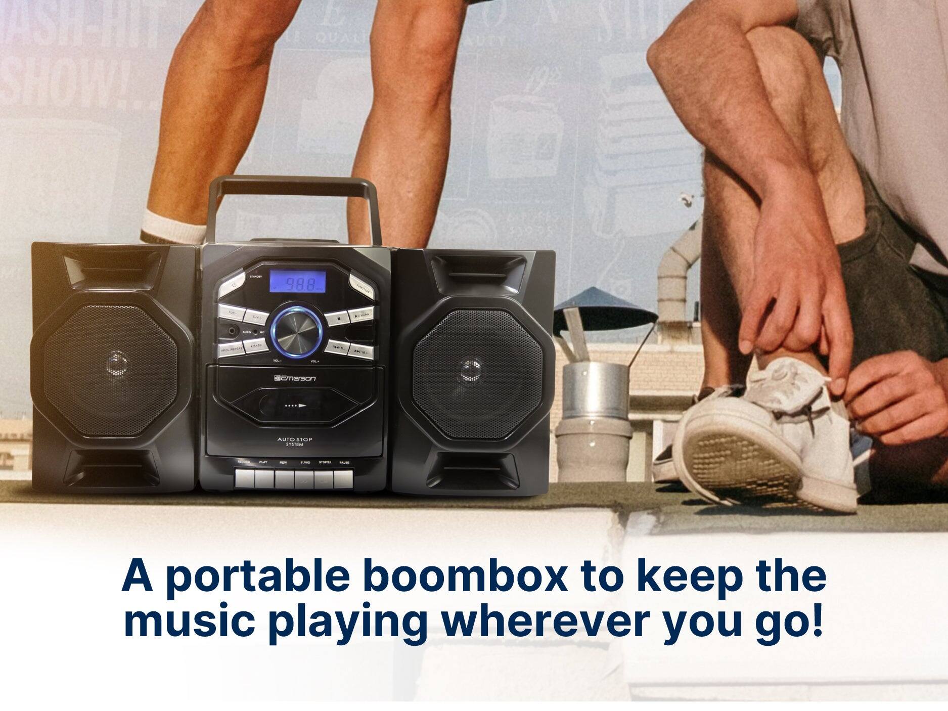 ASH-HIT SHOW!  
L QUAL  
98.8  

SEMERSON  
AUTO STOP STATERA  

A portable boombox to keep the music playing wherever you go!