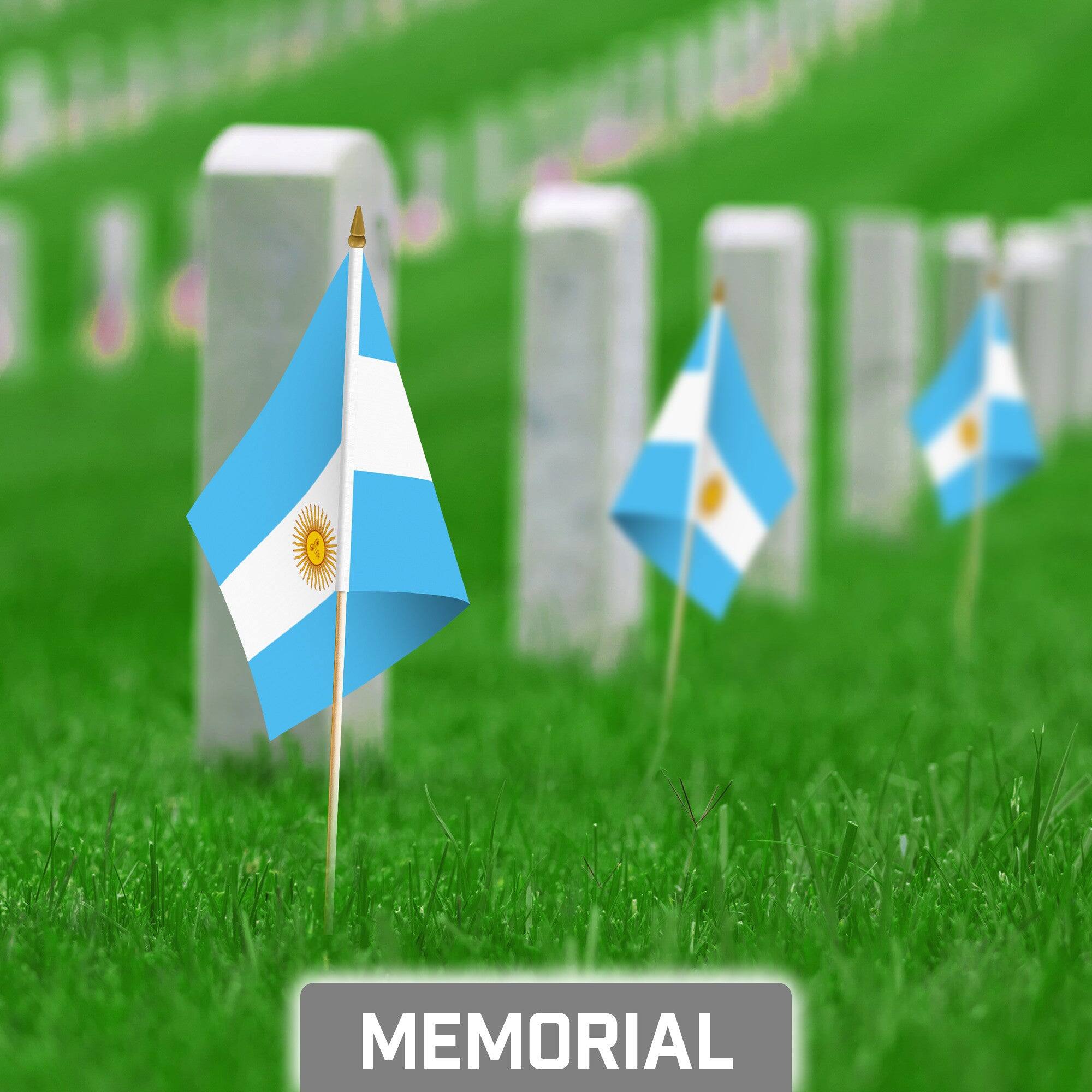 Back. G128 - 24-Pack Handheld Argentina Stick Flags, 8 x 12 in, 150D Polyester with Wooden Pole and Gold Spear Tip. - Assorted Colors.