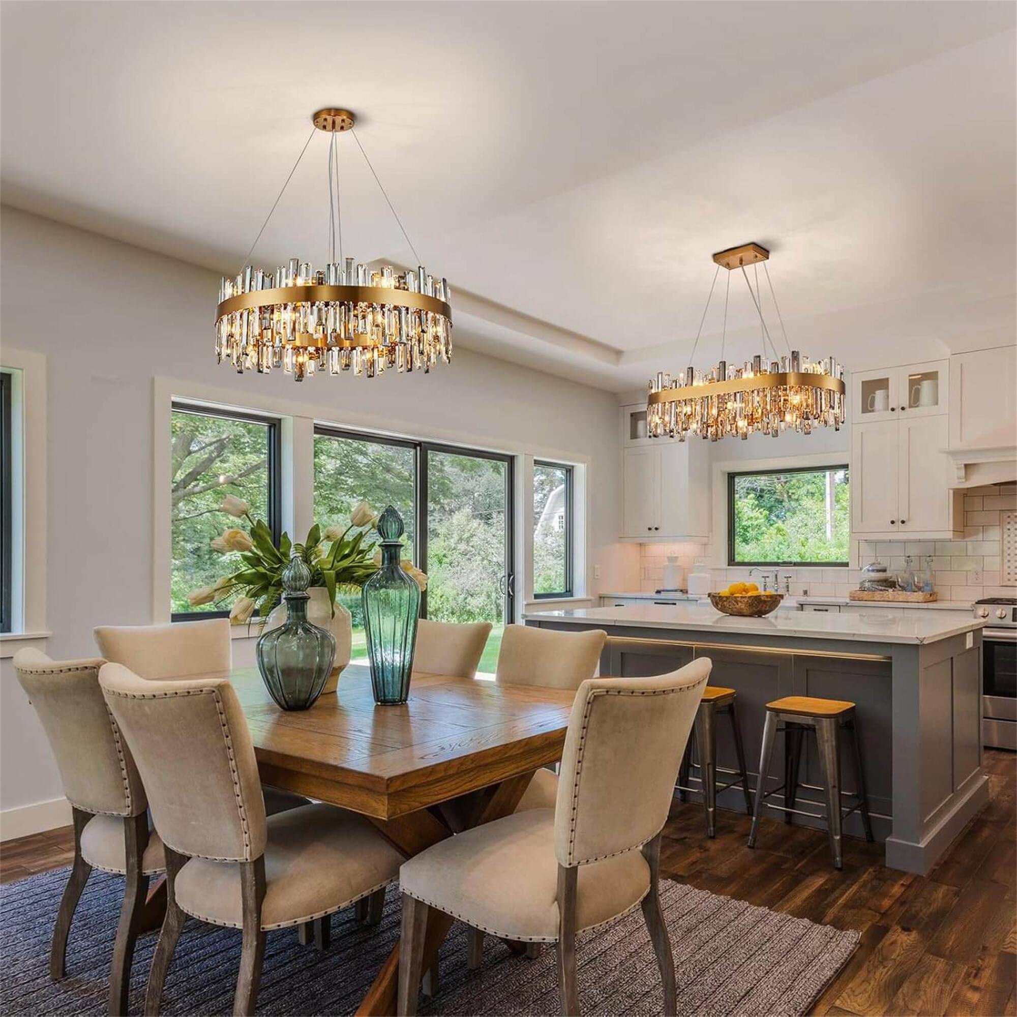 Left. Siljoy - 12 Light Luxury Gold 2-Tier K9 Crystal Raindrop Chandelier, 19.7'' Pendant Ceiling Light for Living, Dining & Bedroom - Gold.