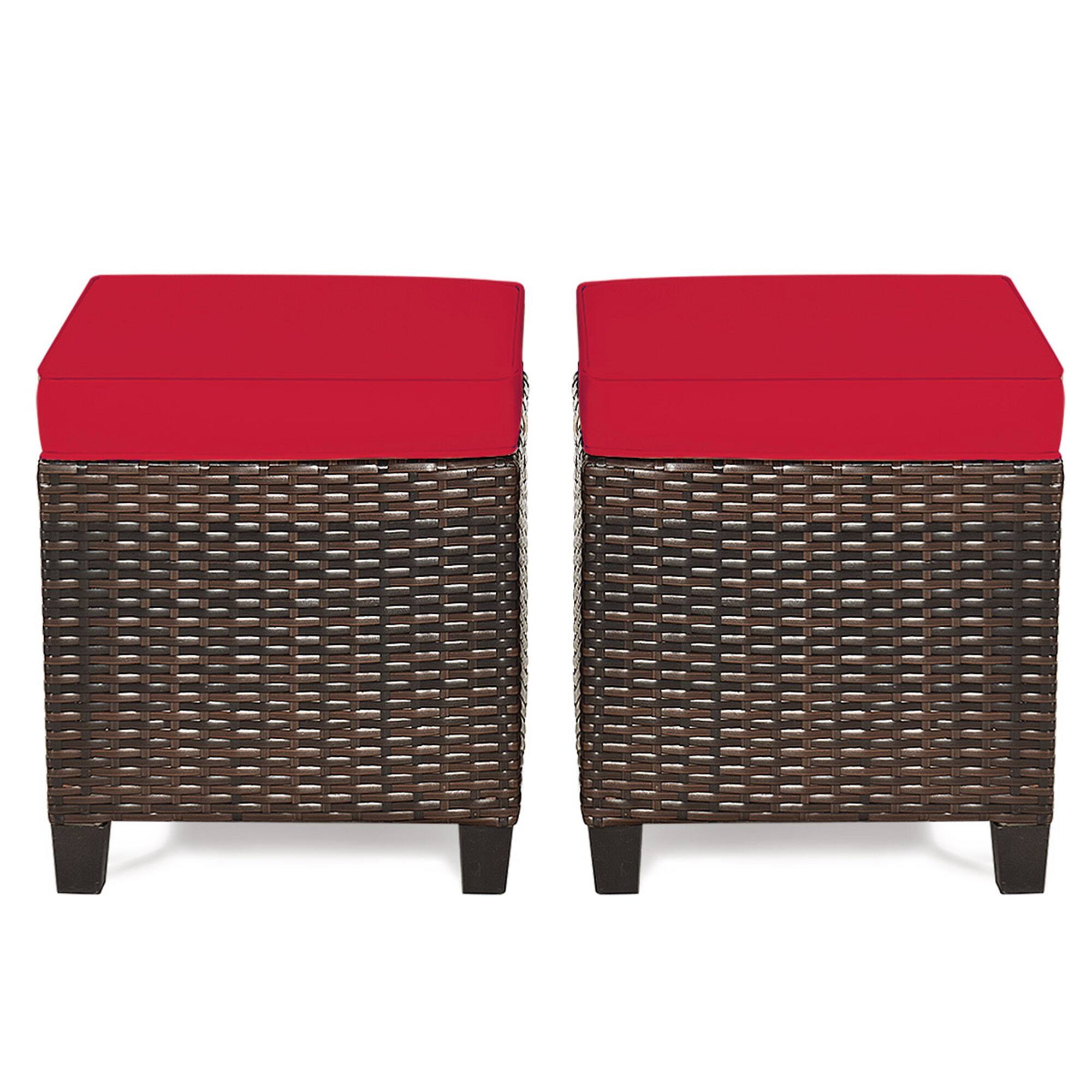 Alt View 1. Gymax - Gymax Set of 2 Patio Rattan Ottoman Footrest Garden Outdoor w/ Red Cushion - Red.