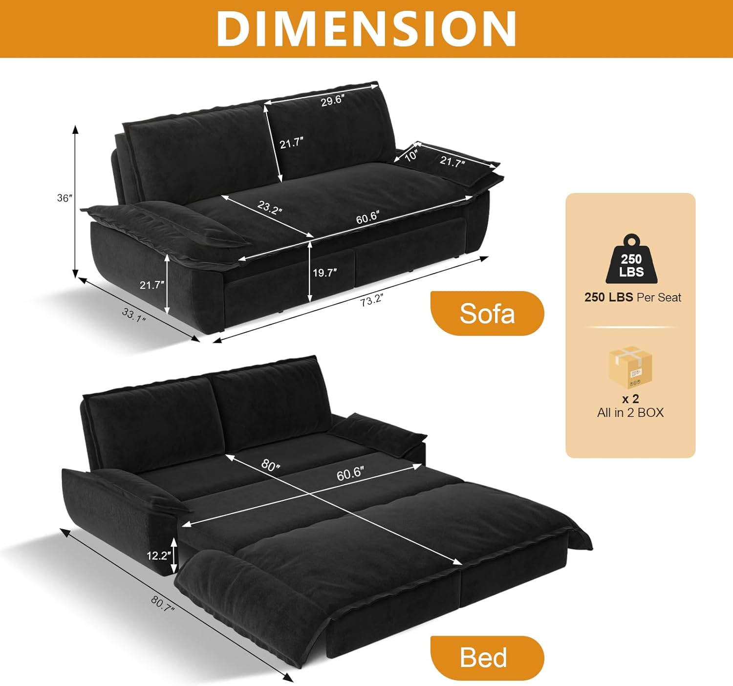 DIMENSION  
29.6" 21.7" 10" 21.7" 36" 23.2" 60.6" 21.7" 33.1" 19.7" 73.2"  
Sofa  
250 LBS Per Seat x 2  
All in 2 BOX  
80" 60.6" 12.2" 80.7"  
Bed
